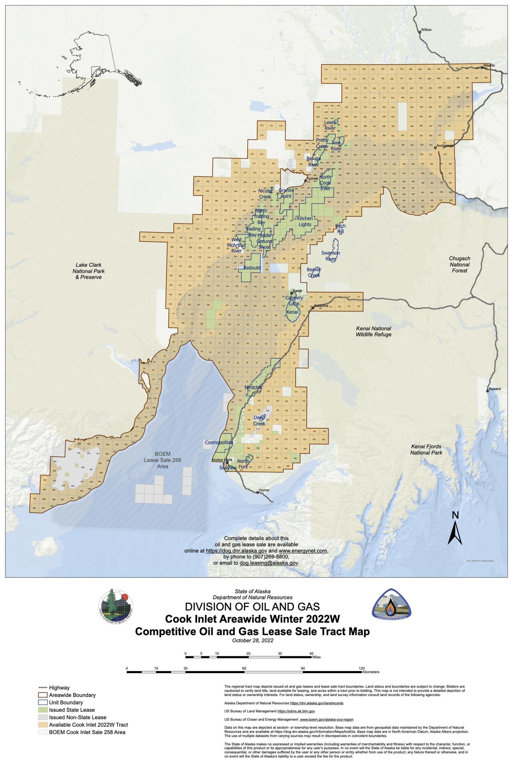 A map showing tracts available as part of an upcoming state oil and gas lease sale in Cook Inlet. (Map via Alaska Department of Natural Resources’ Division of Oil and Gas)