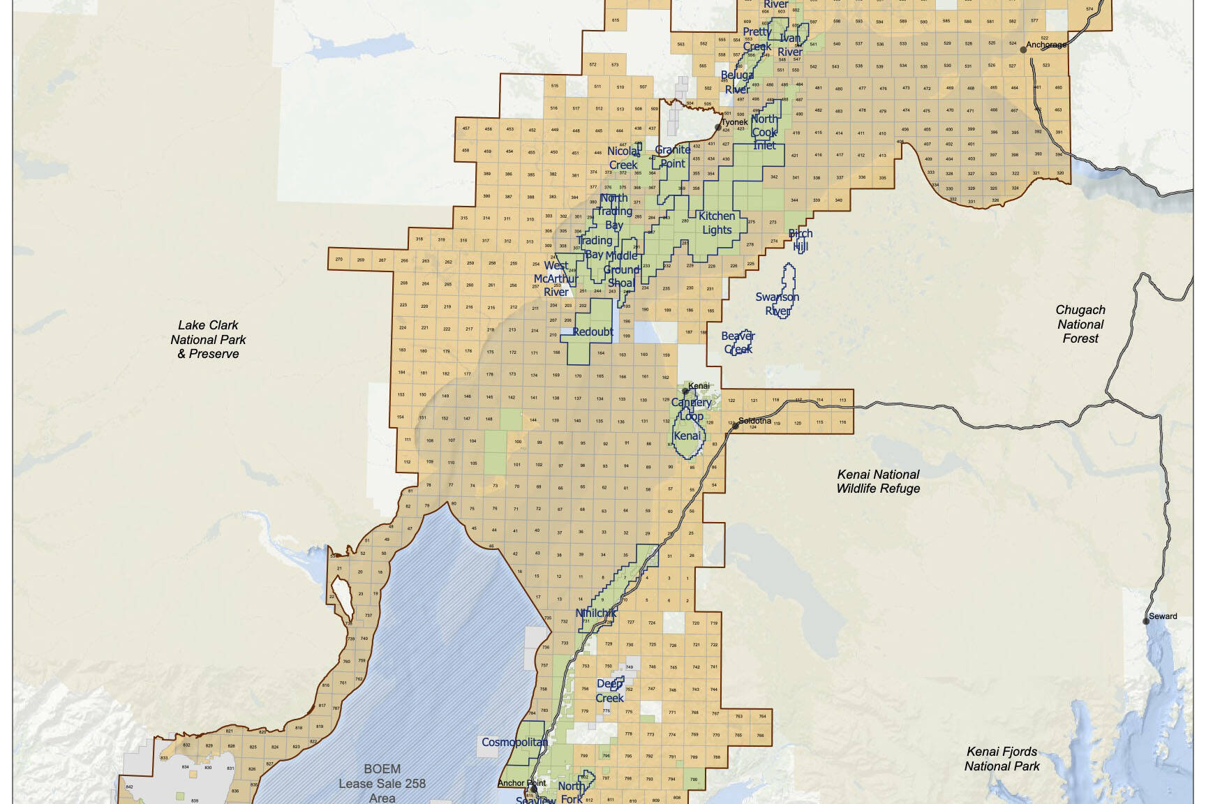 A map showing tracts available as part of an upcoming state oil and gas lease sale in Cook Inlet. (Map via Alaska Department of Natural Resources’ Division of Oil and Gas)