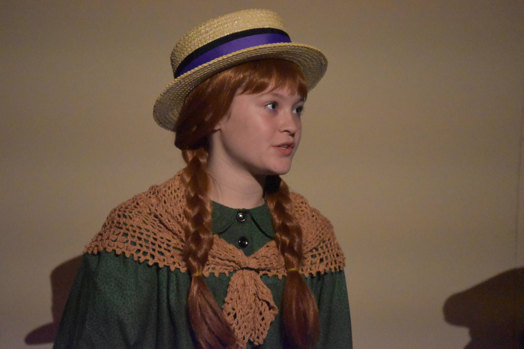 Truly Hondel portrays Anne Shirley in a rehearsal of “Anne of Green Gables” at the Kenai Performers Black Box Theatre in Soldotna, Alaska, on Tuesday, Nov. 1, 2022. (Jake Dye/Peninsula Clarion)