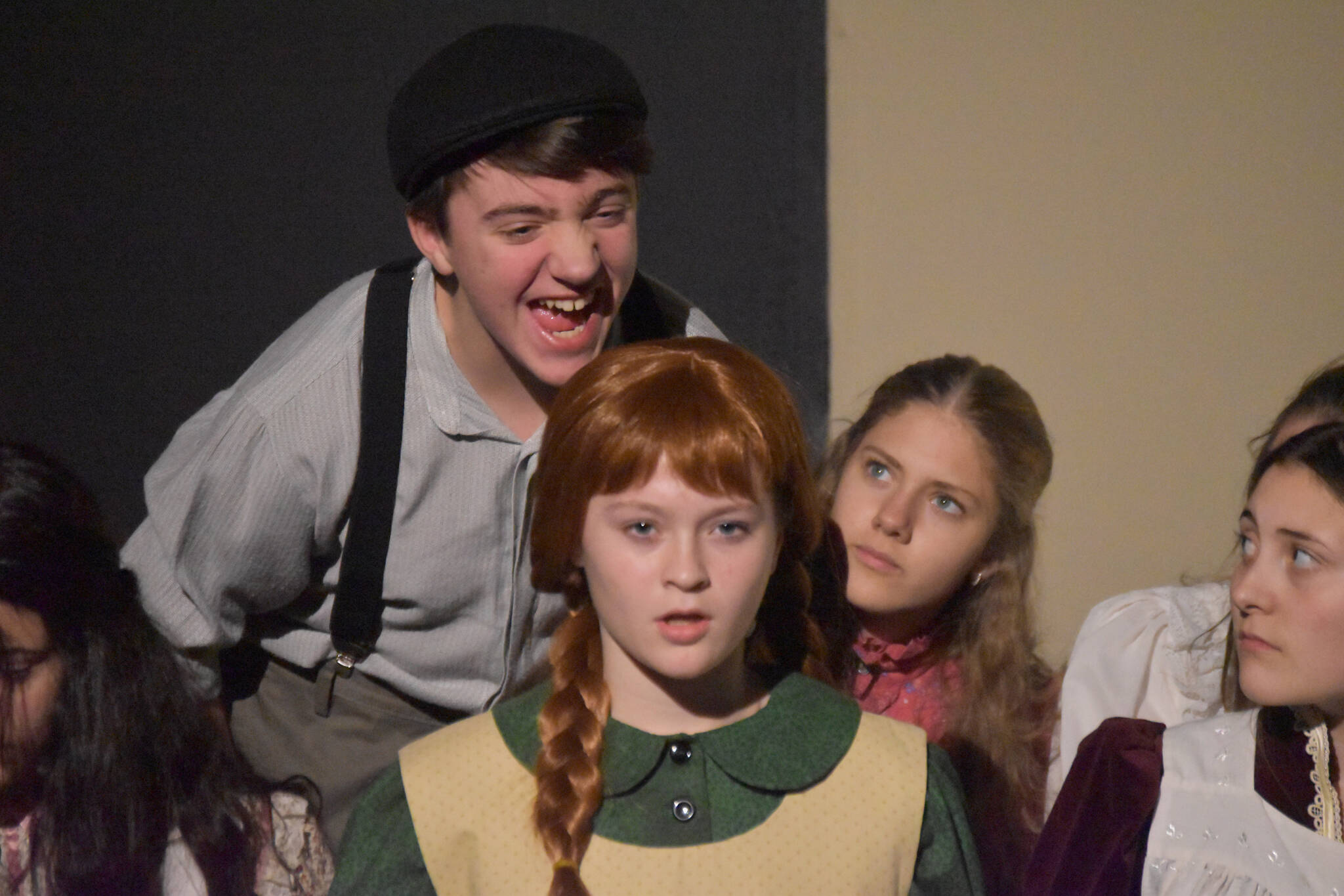 Jackson Hooper, as Gilbert, taunts Truly Hondel, as Anne, in a rehearsal of “Anne of Green Gables” at the Kenai Performers Black Box Theatre in Soldotna, Alaska, on Tuesday, Nov. 1, 2022. (Jake Dye/Peninsula Clarion)
