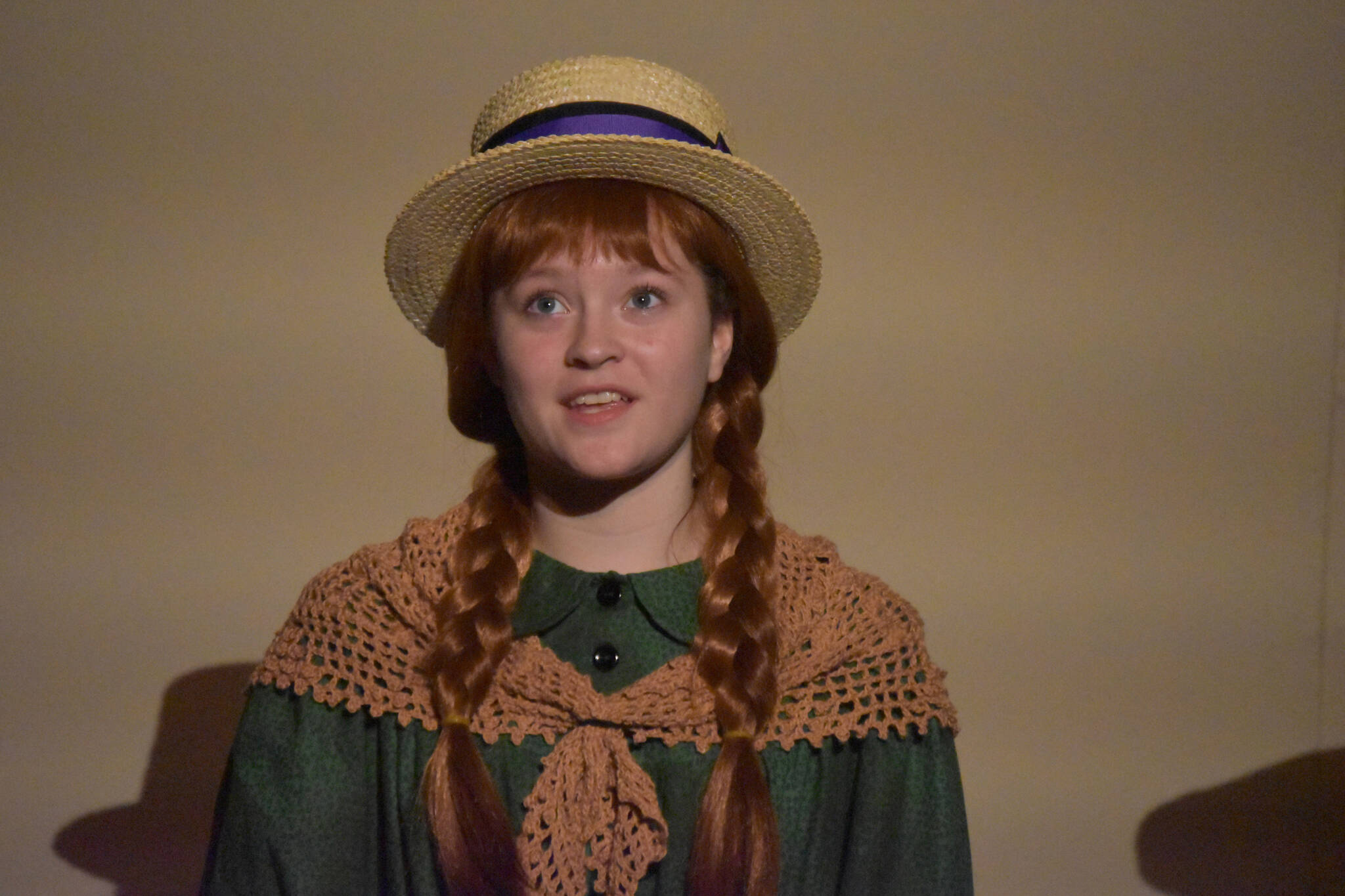 Truly Hondel portrays Anne Shirley in a rehearsal of “Anne of Green Gables” at the Kenai Performers Black Box Theatre in Soldotna, Alaska, on Tuesday, Nov. 1, 2022. (Jake Dye/Peninsula Clarion)