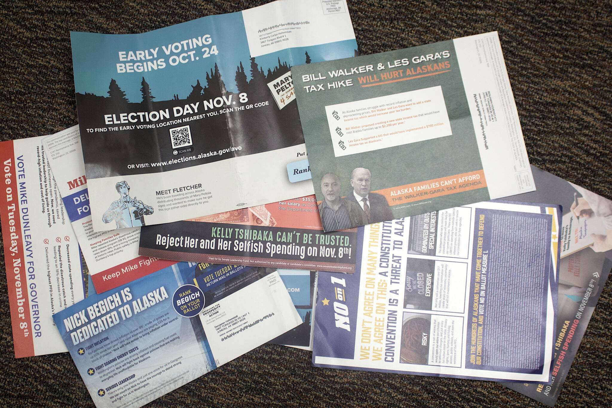 Mark Sabbatini / Juneau Empire
A variety of fliers with varying amounts of accuracy from candidates and groups are filling mailboxes leading up to the Nov. 8 general election. TV and other ads also range from pure nonsense to completely accurate, although many fall into the “true from a certain point of view” category.