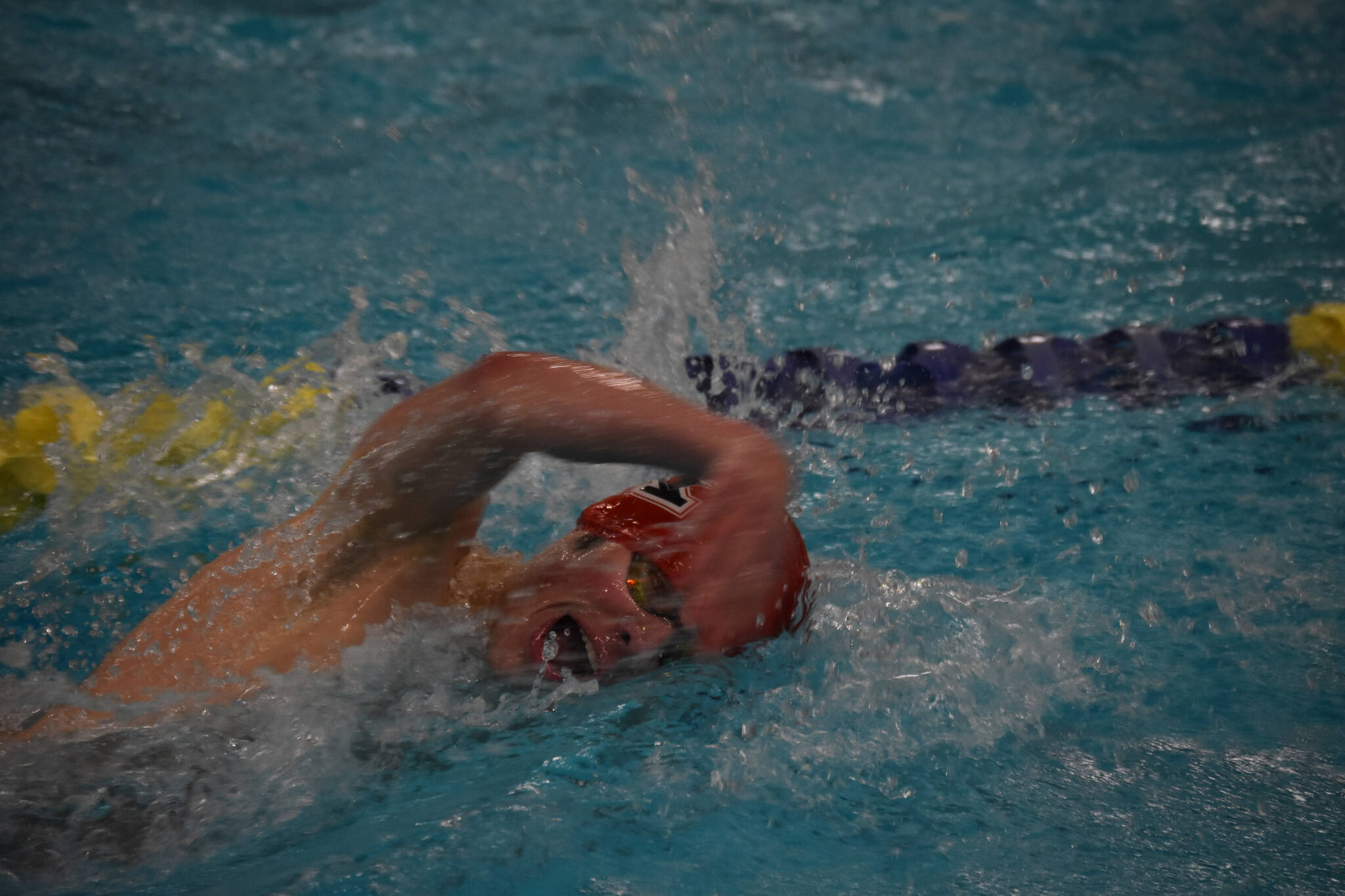 Samuel Anderson, of Kenai, swims the 200-yard freestyle during finals at the ASAA State Swim & Dive Championships on Saturday, Nov. 5, 2022, at Bartlett High School in Anchorage, Alaska. (Jake Dye/Peninsula Clarion)