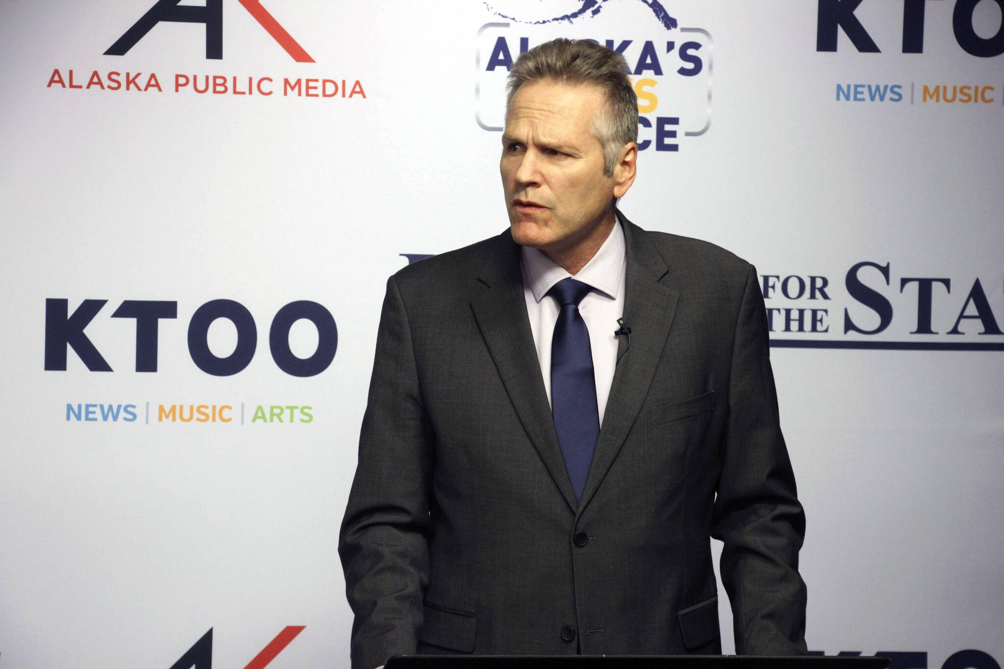 Incumbent Gov. Mike Dunleavy, a Republican running for reelection Nov. 8, 2022, is shown prior to a televised debate Wednesday, Oct. 19, 2022, in Anchorage, Alaska. (AP Photo/Mark Thiessen, File)