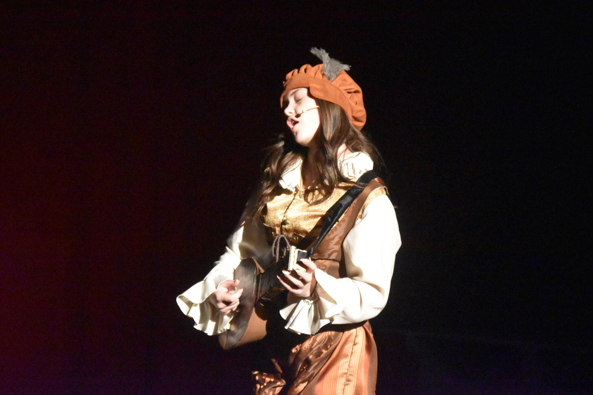 Hannah Burton rehearses “Something Rotten” on Wednesday, Nov. 9, 2022, at Soldotna High School in Soldotna, Alaska. (Jake Dye/Peninsula Clarion)