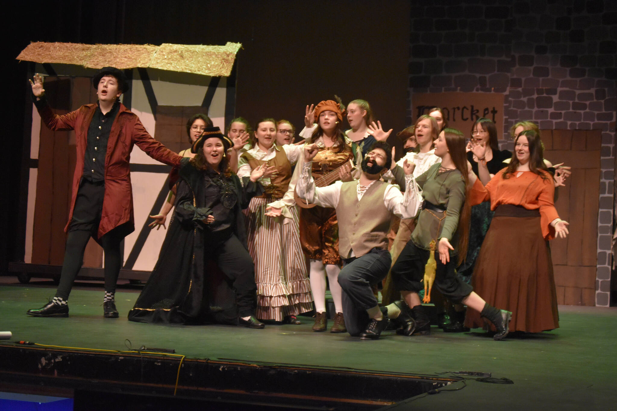 The cast of “Something Rotten” rehearse on Wednesday, Nov. 9, 2022, at Soldotna High School in Soldotna, Alaska. (Jake Dye/Peninsula Clarion)