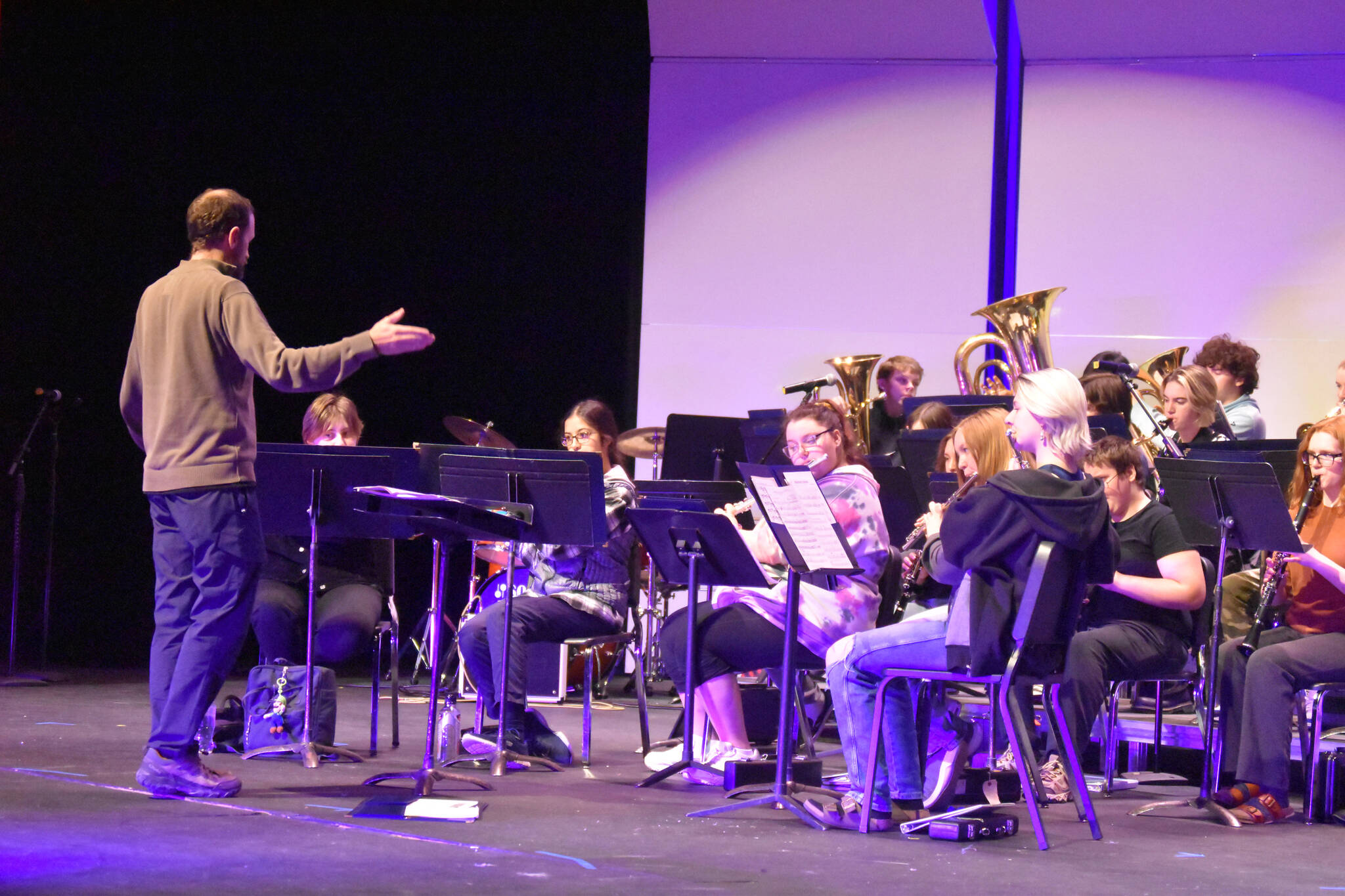 Mark Jurek directs the Soldotna High School Band at a rehersal on Oct. 11, 2022 at Soldotna High School in Soldotna Alaska. (Jake Dye/Peninsula Clarion)