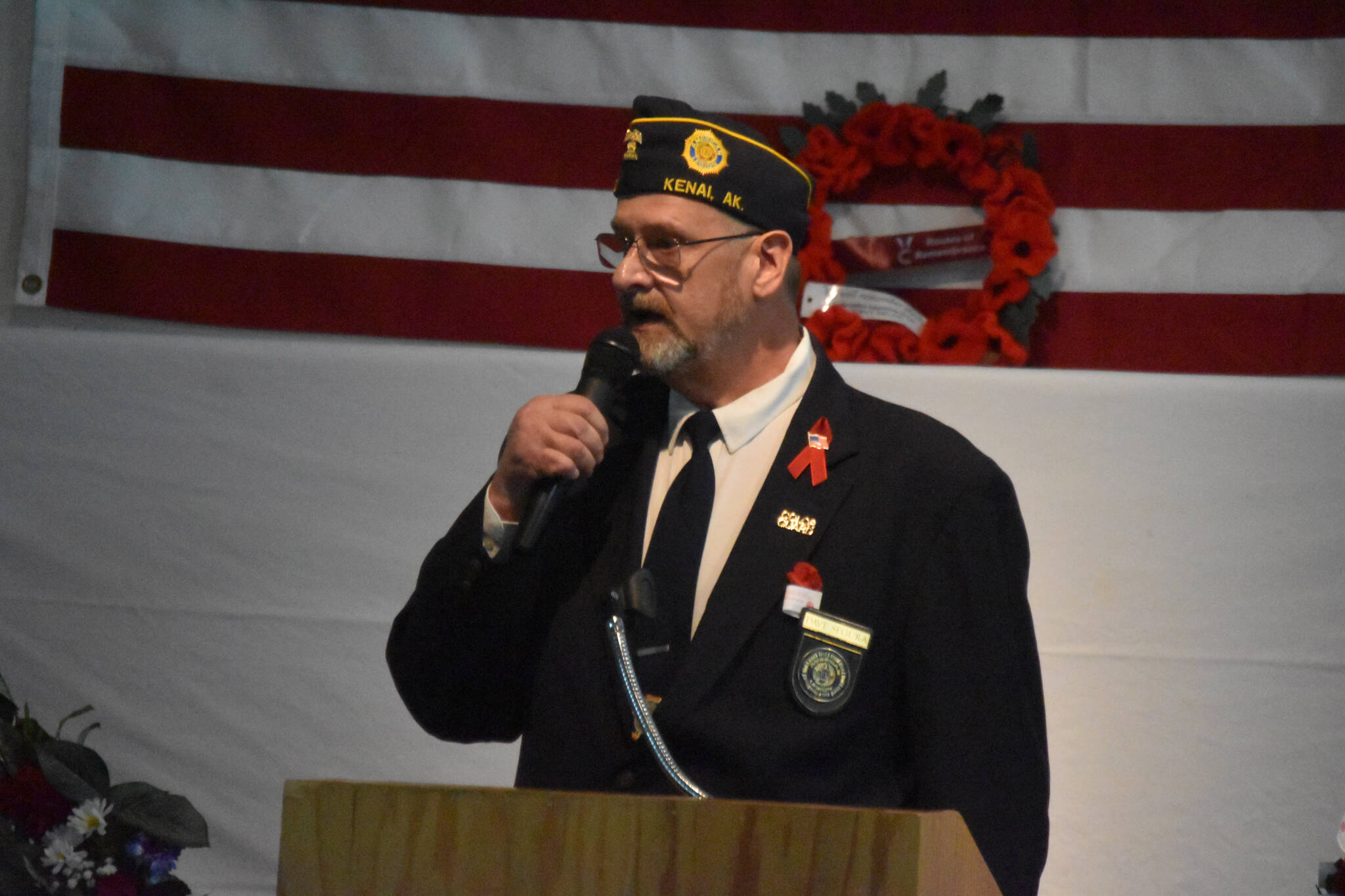 Dave Segura, commander of American Legion Post 20, leads a celebration of Veterans Day at American Legion Post 20 in Kenai, Alaska, on Friday, Nov. 11, 2022. (Jake Dye/Peninsula Clarion)