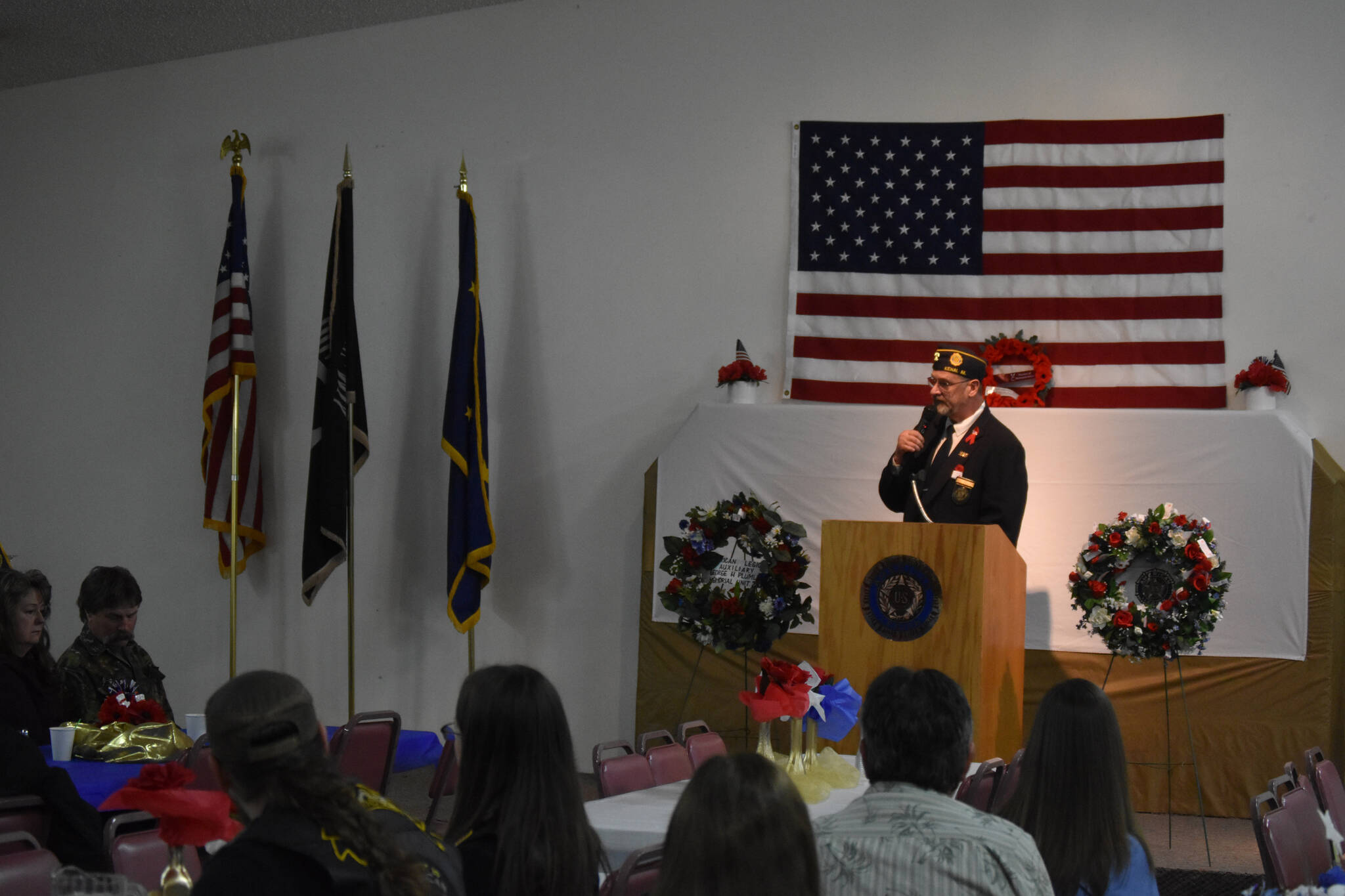Dave Segura, commander of American Legion Post 20, leads a celebration of Veterans Day at American Legion Post 20 in Kenai, Alaska, on Friday, Nov. 11, 2022. (Jake Dye/Peninsula Clarion)