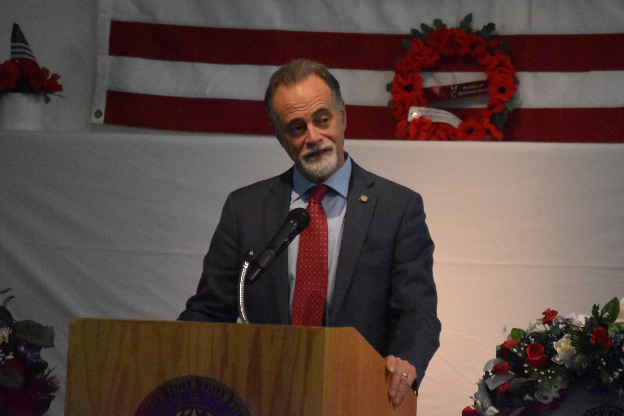 Alaska Senate President Peter Micciche speaks at a celebration of Veterans Day at American Legion Post 20 in Kenai, Alaska, on Friday, Nov. 11, 2022. (Jake Dye/Peninsula Clarion)