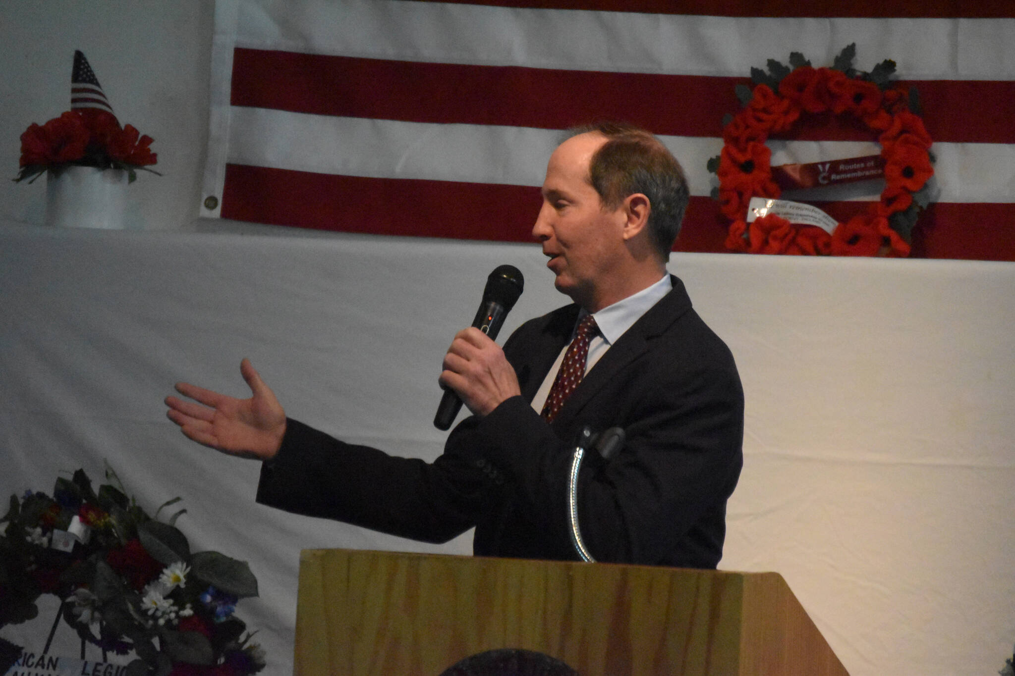 Kenai Peninsula Borough Mayor Mike Navarre speaks at a celebration of Veterans Day at American Legion Post 20 in Kenai, Alaska, on Friday, Nov. 11, 2022. (Jake Dye/Peninsula Clarion)