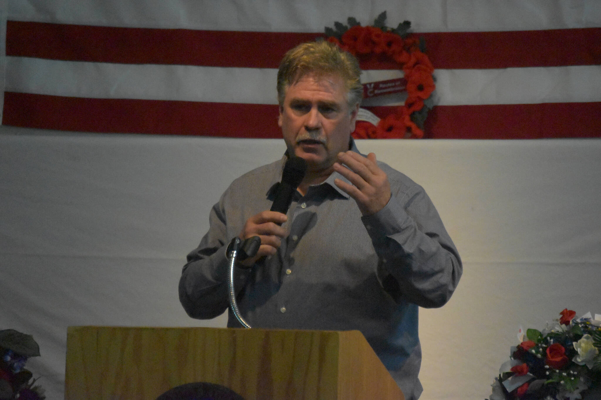 Kenai Mayor Brian Gabriel speaks at a celebration of Veterans Day at American Legion Post 20 in Kenai, Alaska, on Friday, Nov. 11, 2022. (Jake Dye/Peninsula Clarion)