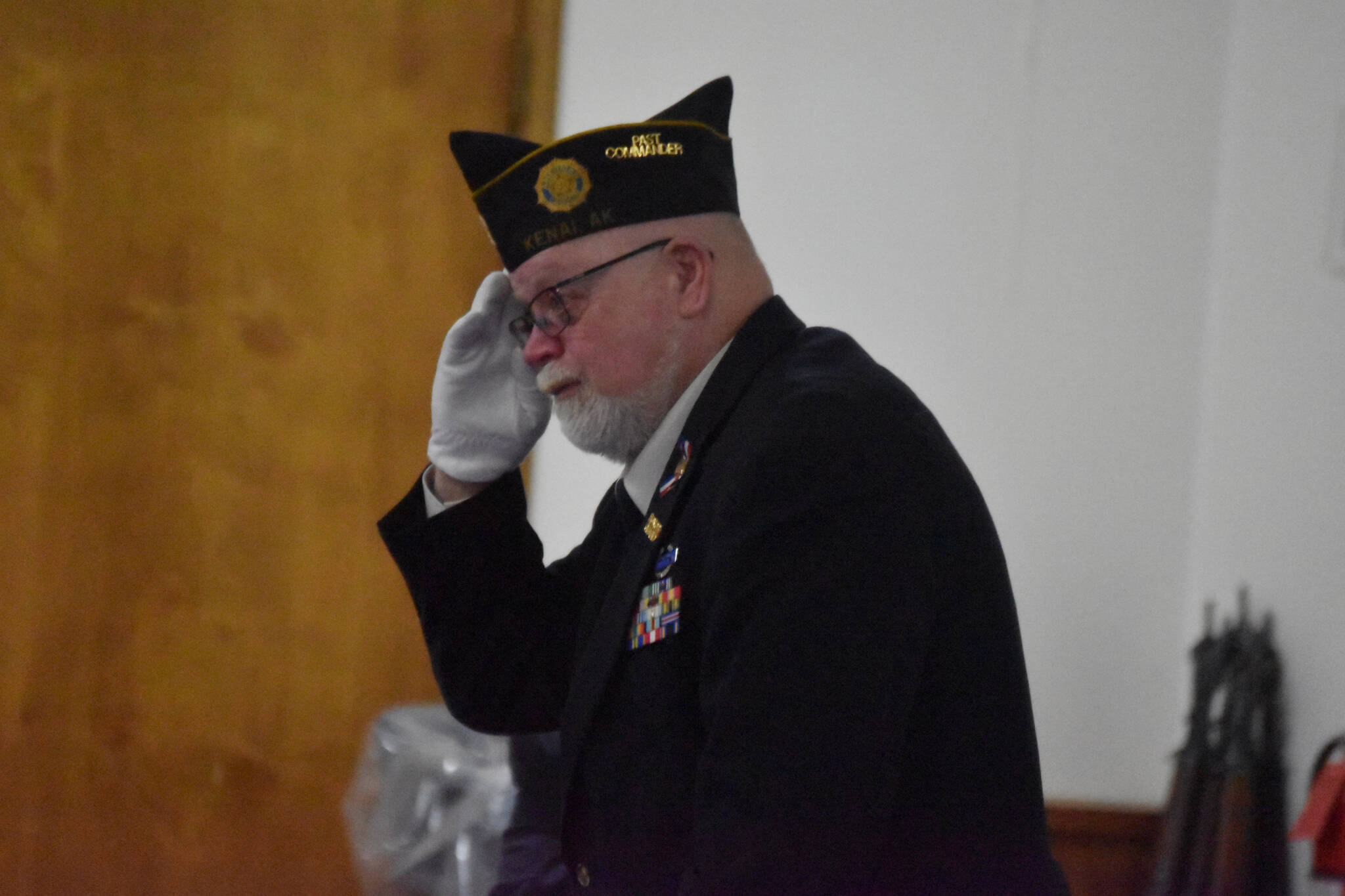 Greg Fite is recognized as a previous commander of an American Legion Post at a celebration of Veterans Day at American Legion Post 20 in Kenai, Alaska, on Friday, Nov. 11, 2022. (Jake Dye/Peninsula Clarion)
