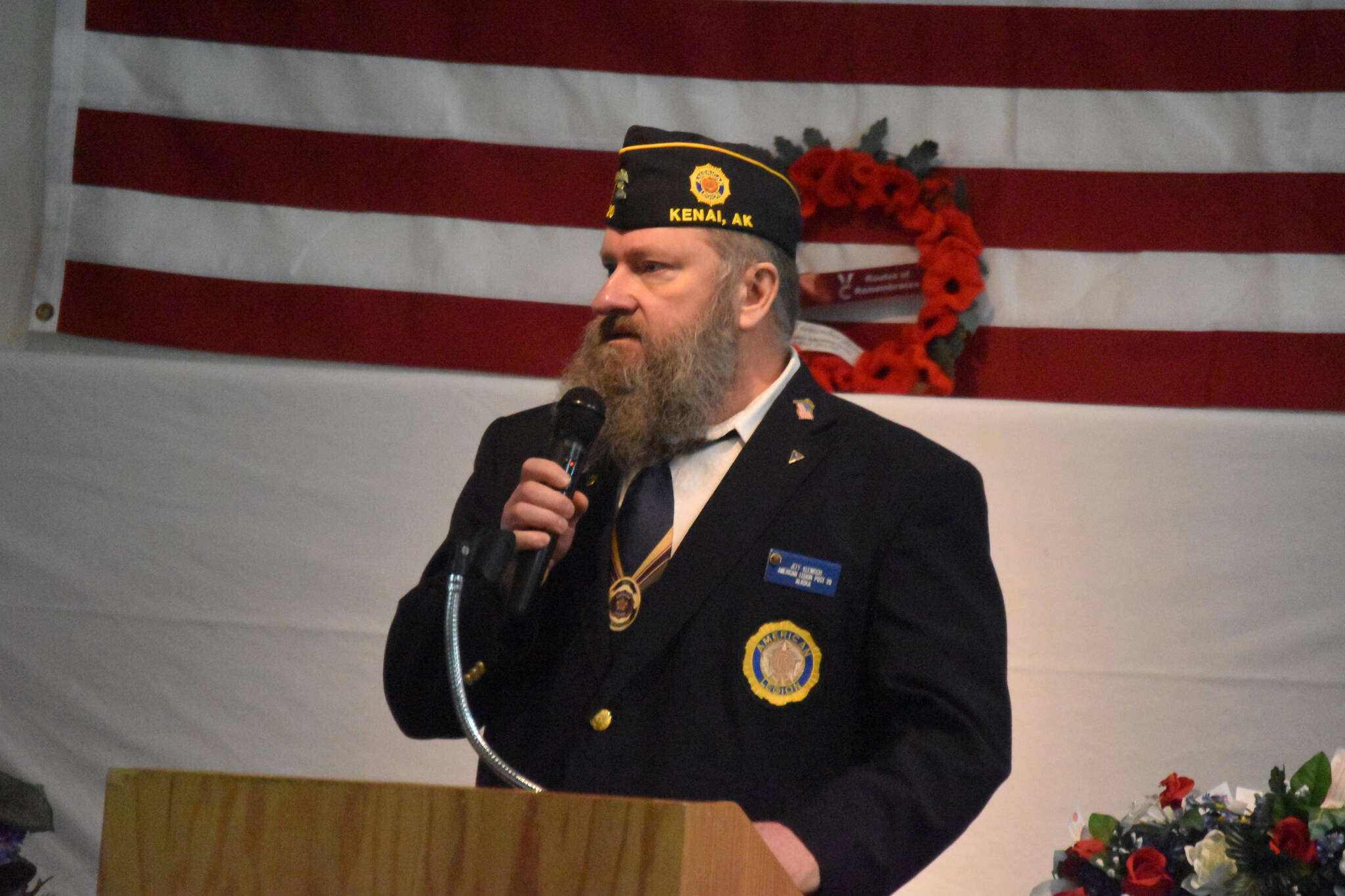 Jeff Klemisch speaks at a celebration of Veterans Day at American Legion Post 20 in Kenai, Alaska, on Friday, Nov. 11, 2022. (Jake Dye/Peninsula Clarion)