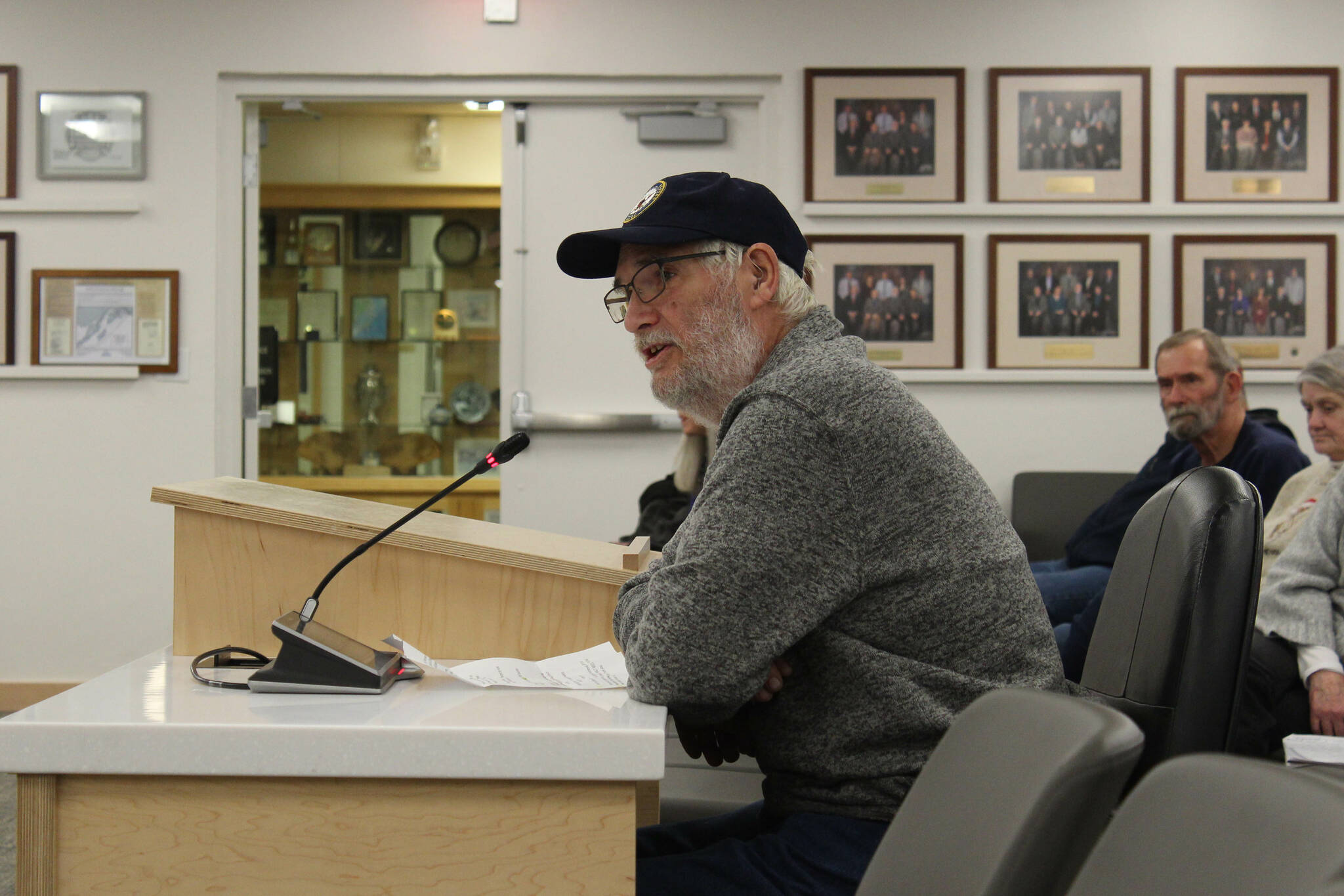 Kasilof resident Thomas Burck testifies in support of private boat takeouts on the lower Kasilof River during a Kenai Peninsula Borough Assembly meeting on Tuesday, Nov. 15, 2022, in Soldotna, Alaska. (Ashlyn O’Hara/Peninsula Clarion)