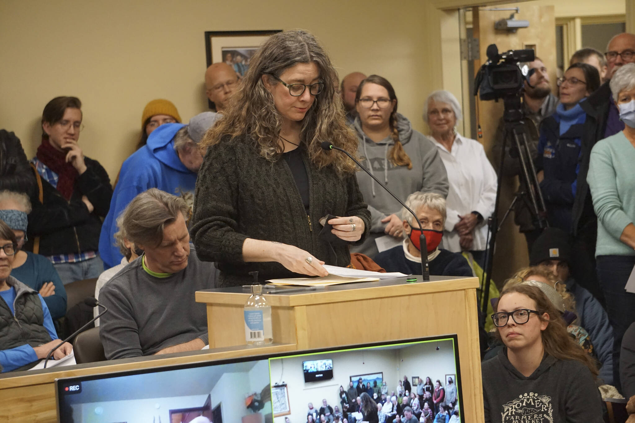 Poet Erin Hollowell speaks at the meeting of the Library Advisory Board on Nov. 15, 2022, in the Cowles Council Chambers at Homer City Hall in Homer, Alaska. (Photo by Michael Armstrong/Homer News)