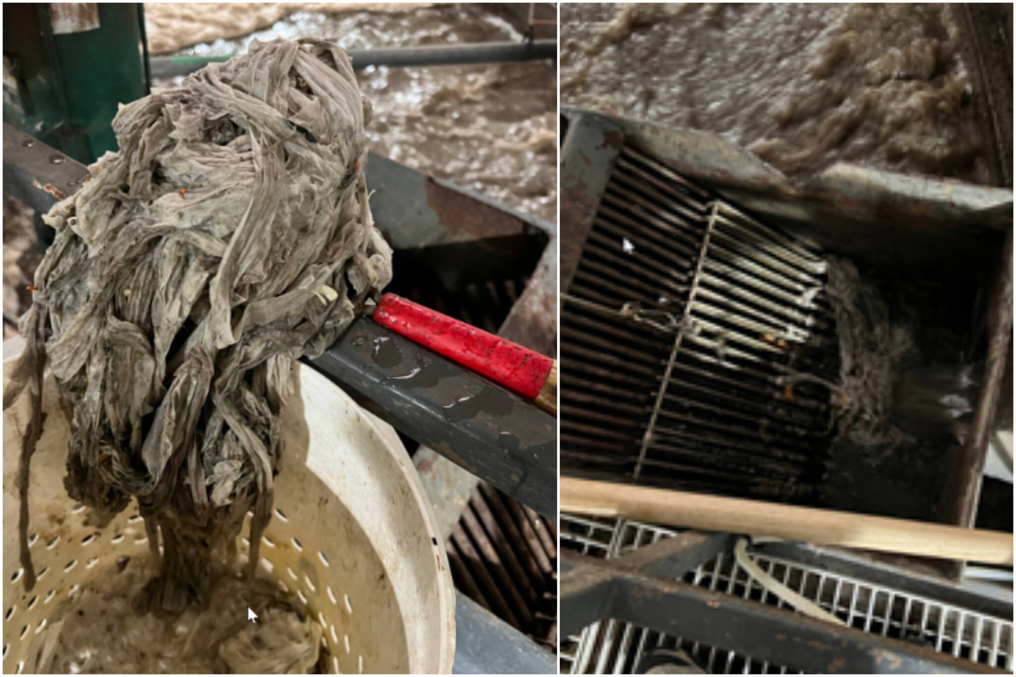 This composite image shows mopheads recently flushed down toilets in Juneau that are creating problems at the Auke Bay wastewater treatment facility. (Courtesy Photos / City and Borough of Juneau)