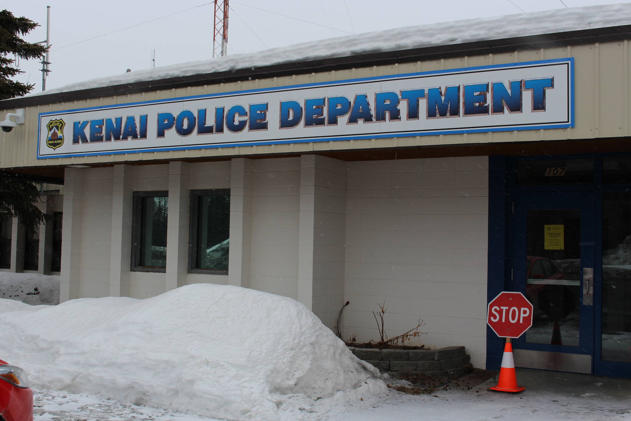 The entrance to the Kenai Police Department, as seen in Kenai, Alaska, on April 1, 2020. (Peninsula Clarion file)