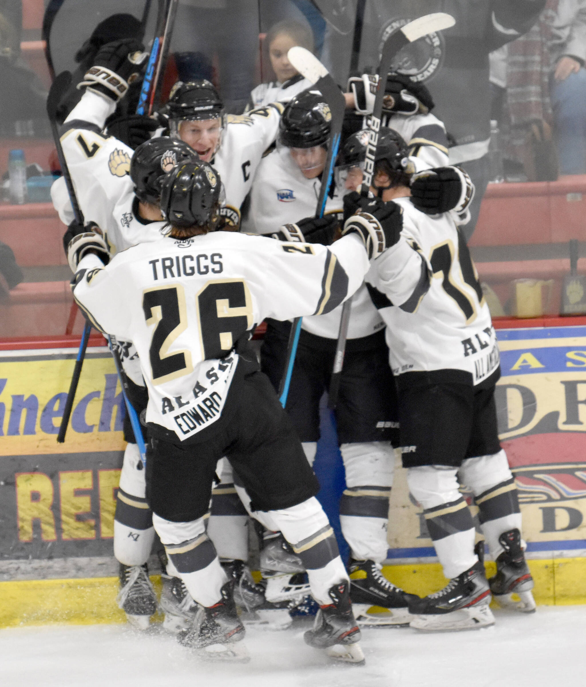 The Kenai River Brown Bears celebrate a third-period goal Saturday, Nov. 19, 2022, at the Soldotna Regional Sports Complex in Soldotna, Alaska. (Photo by Jeff Helminiak/Peninsula Clarion)