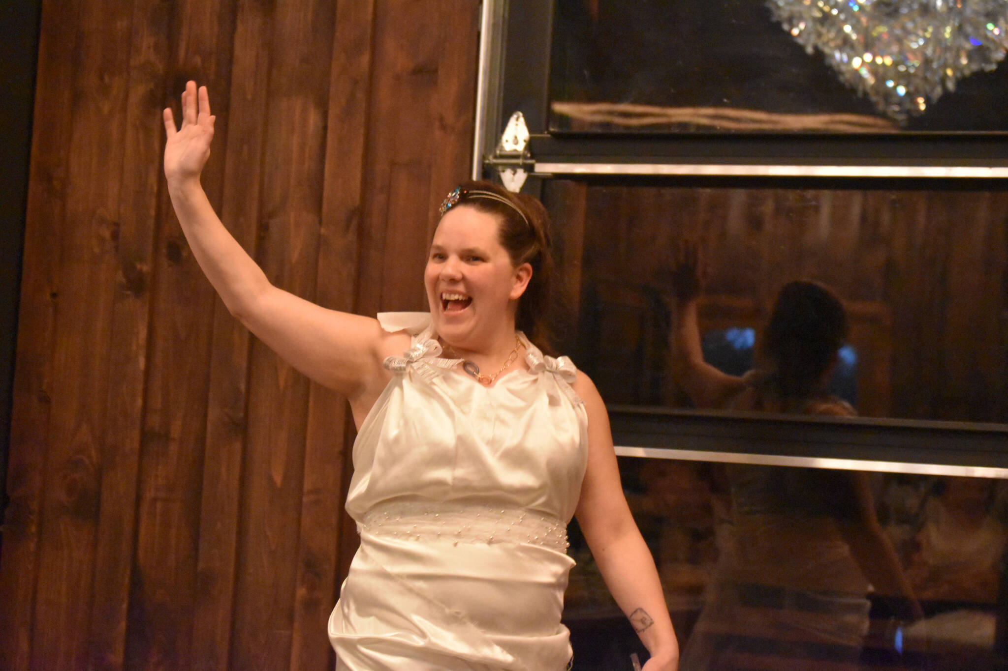 Samantha Pyfer appears as Bride DIY during her presentation to the sharks at the Spark Soldotna Shark Tank Event on Friday, Nov. 18, 2022, at The Lone Moose Lodge in Soldotna, Alaska. (Jake Dye/Peninsula Clarion)