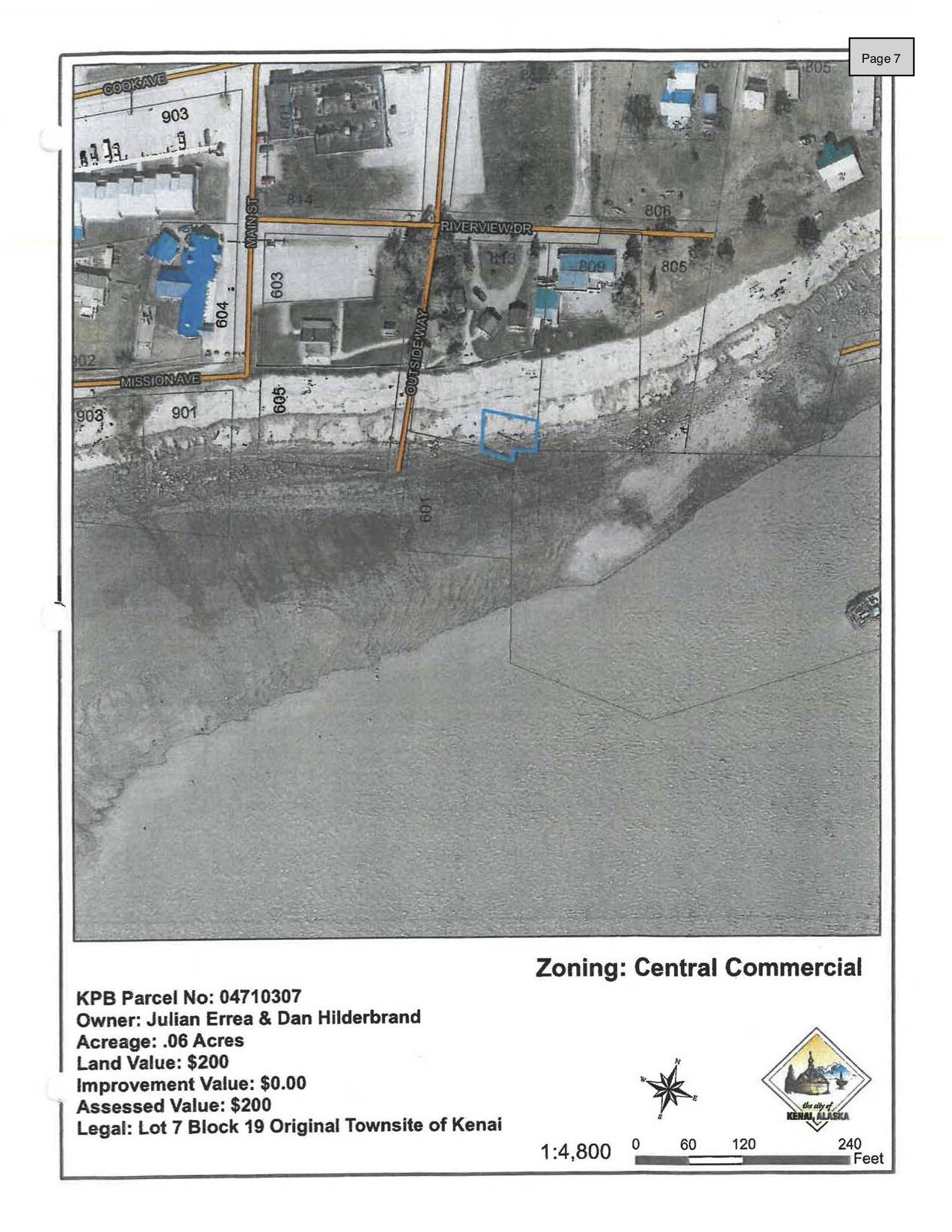 An aerial assessment document provided to Kenai City Council members shows a parcel of land near Outside Way and the Kenai Bible Church in Old Town Kenai at the toe of the bluff. The parcel is being purchased as part of a bluff stabilization project. (Map via City of Kenai)