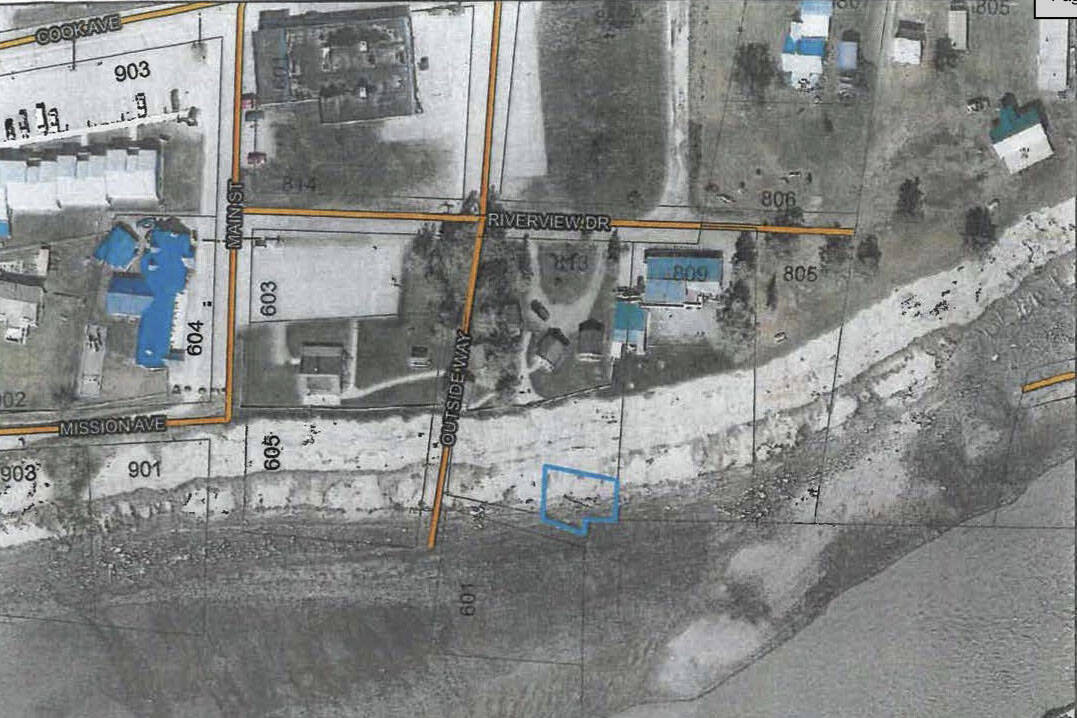 An aerial assessment document provided to Kenai City Council members shows a parcel of land near Outside Way and the Kenai Bible Church in Old Town Kenai at the toe of the bluff. The parcel is being purchased as part of a bluff stabilization project. (Map via City of Kenai)