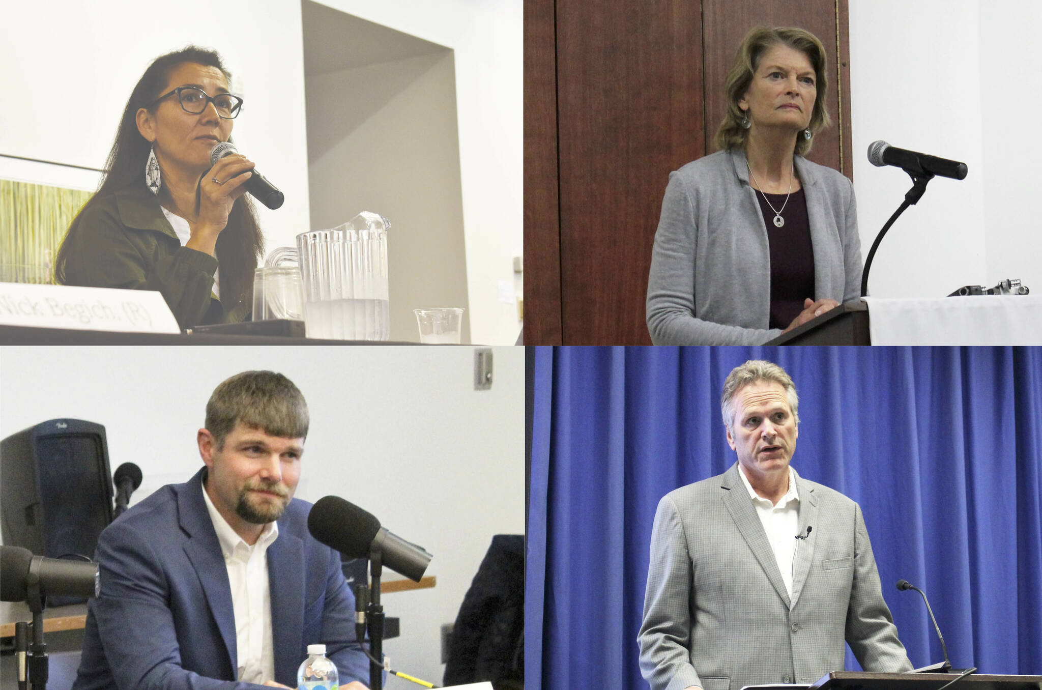 Clockwise from upper left: Mary Peltola, Lisa Murkowski, Mike Dunleavy and Jesse Bjorkman