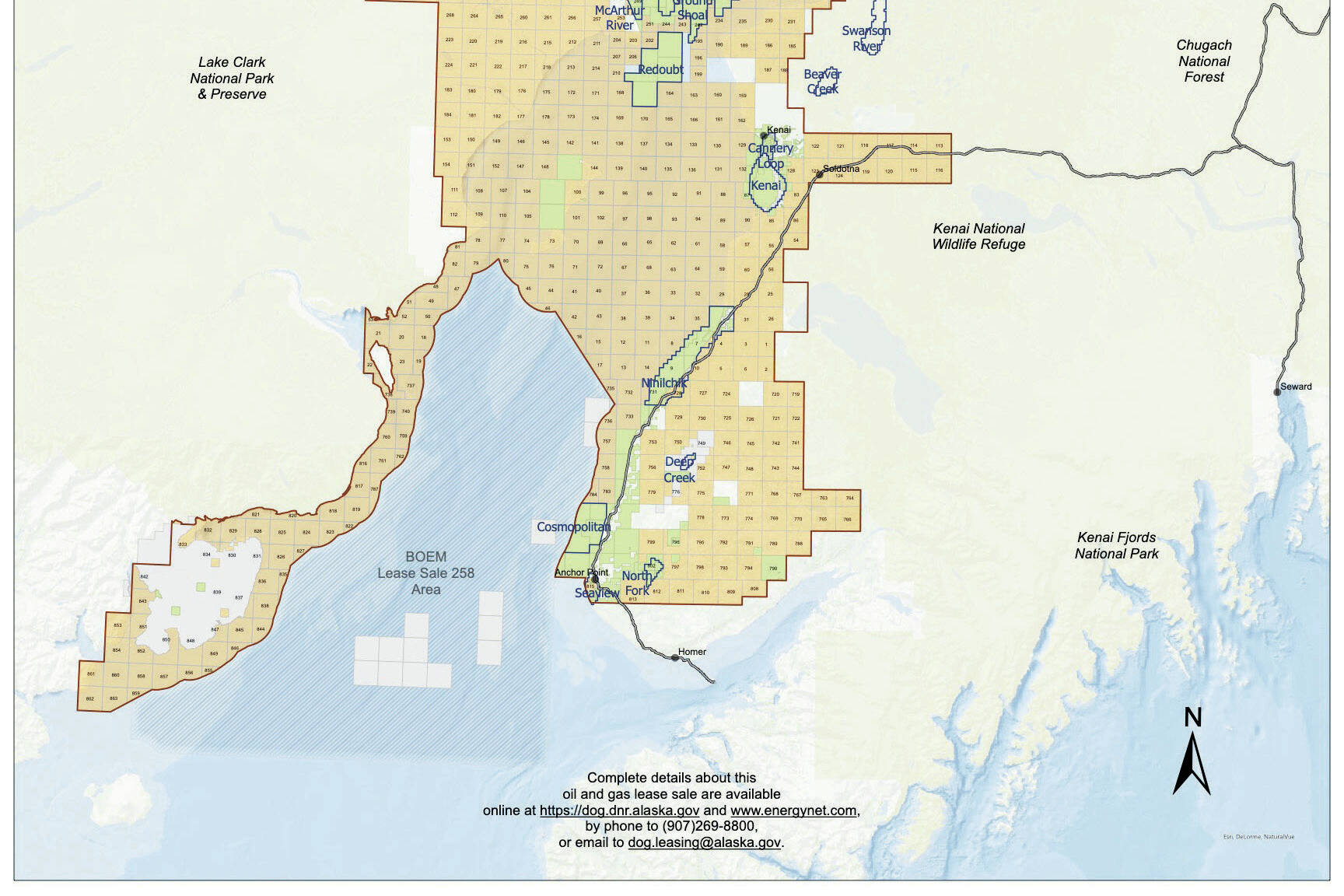 A map shows tracts available as part of an upcoming state oil and gas lease sale in Cook Inlet. (Map via Alaska Department of Natural Resources/Division of Oil and Gas)