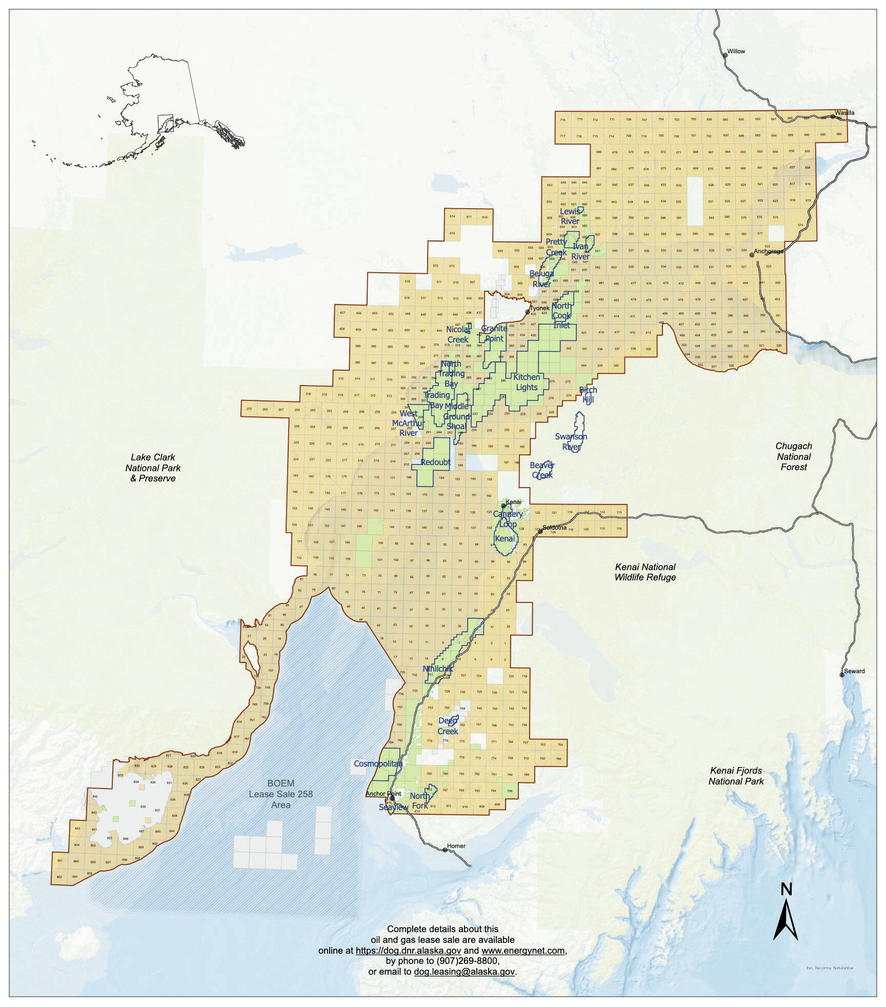 Map via Alaska Department of Natural Resources/Division of Oil and Gas A map showing tracts available as part of an upcoming state oil and gas lease sale in Cook Inlet.