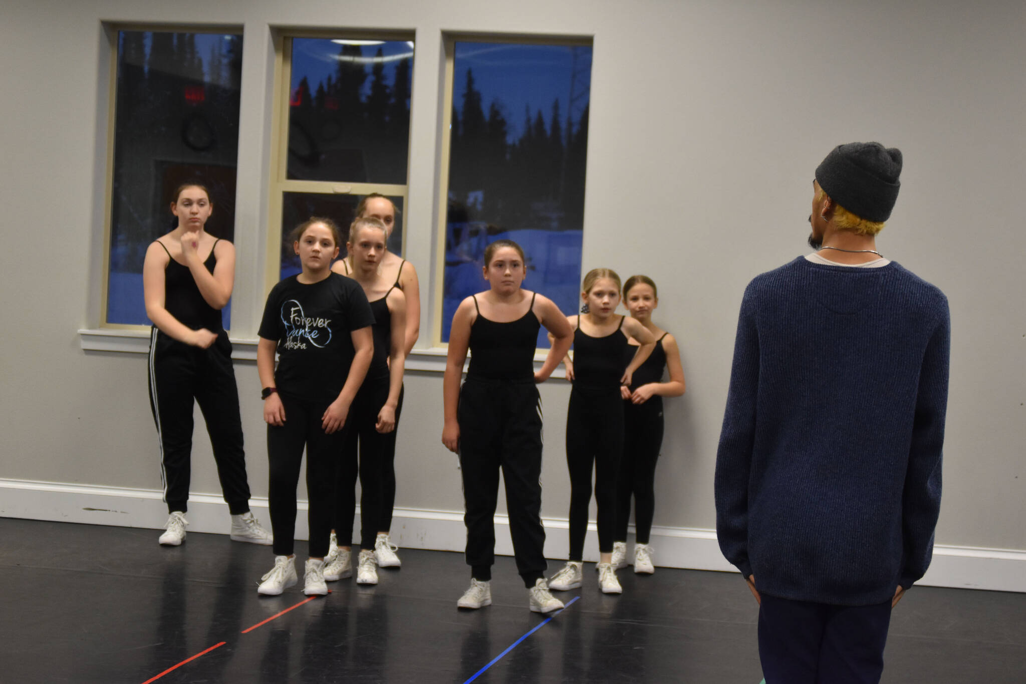 Hip-Hop students practice their routines for Forever Christmas with instructor Marquece Blanks on Monday, Nov. 28, 2022, at Forever Dance in Soldotna, Alaska. (Jake Dye/Peninsula Clarion)