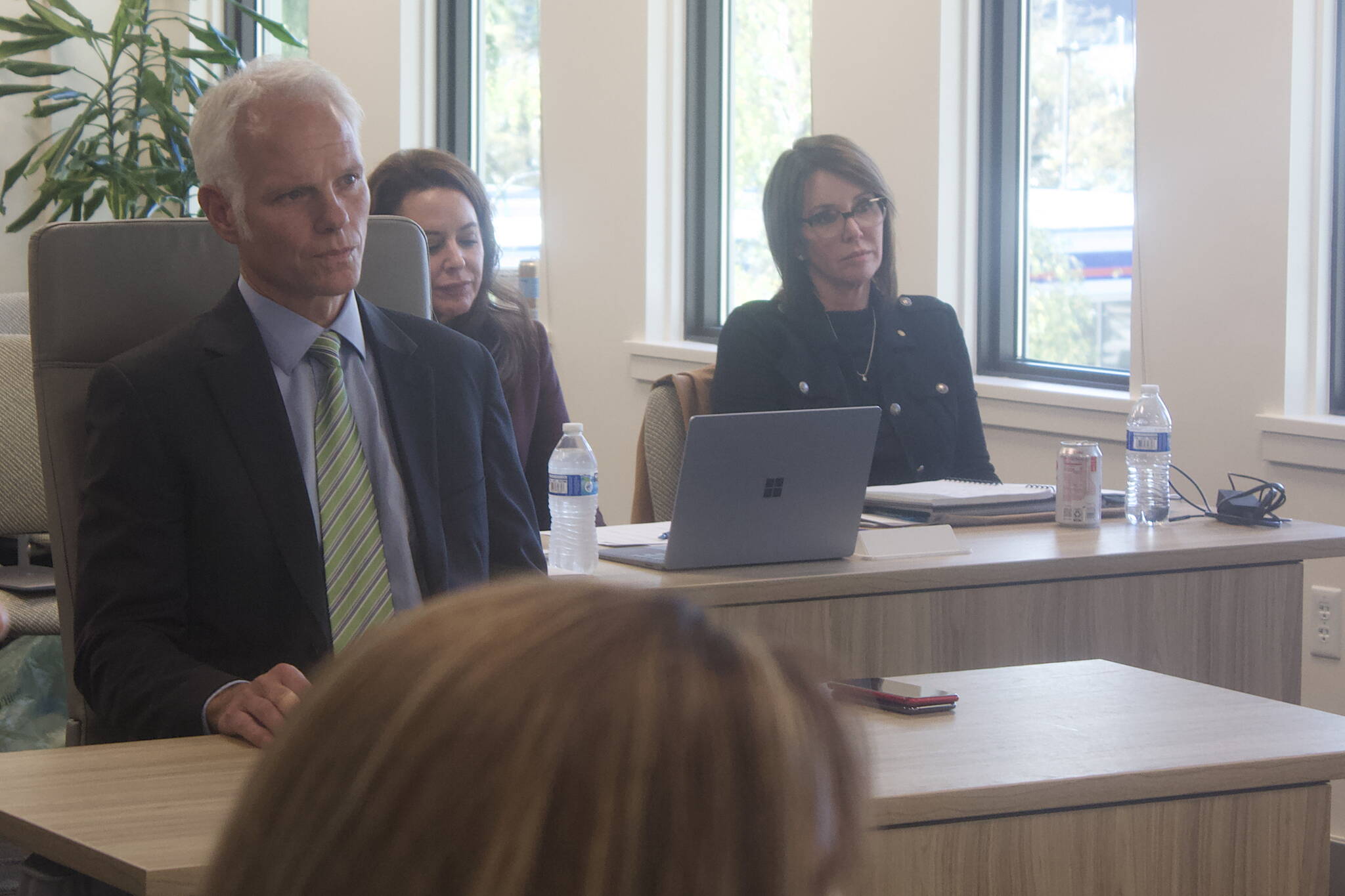 Deven Mitchell greets his fellow members of the Alaska Permanent Fund Corp.’s Board of Trustees at the start of his interview to be the APFC’s new executive director on Monday, Oct. 3, 2022. (Mark Sabbatini / Juneau Empire)