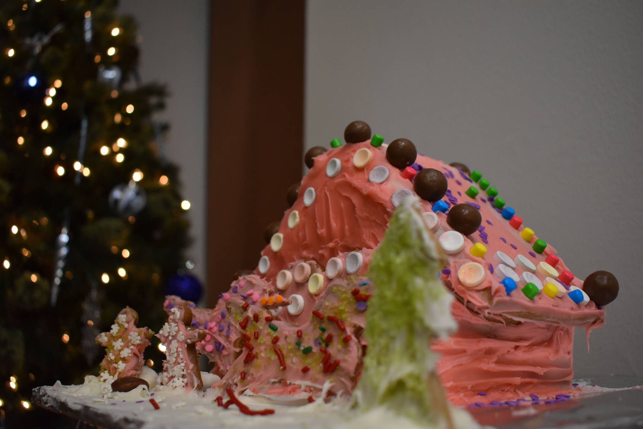 A gingerbread house designed by Ivy Franklin is seen at the Kenai Chamber of Commerce and Visitor Center on Tuesday, Dec. 6, 2022. (Jake Dye/Peninsula Clarion)