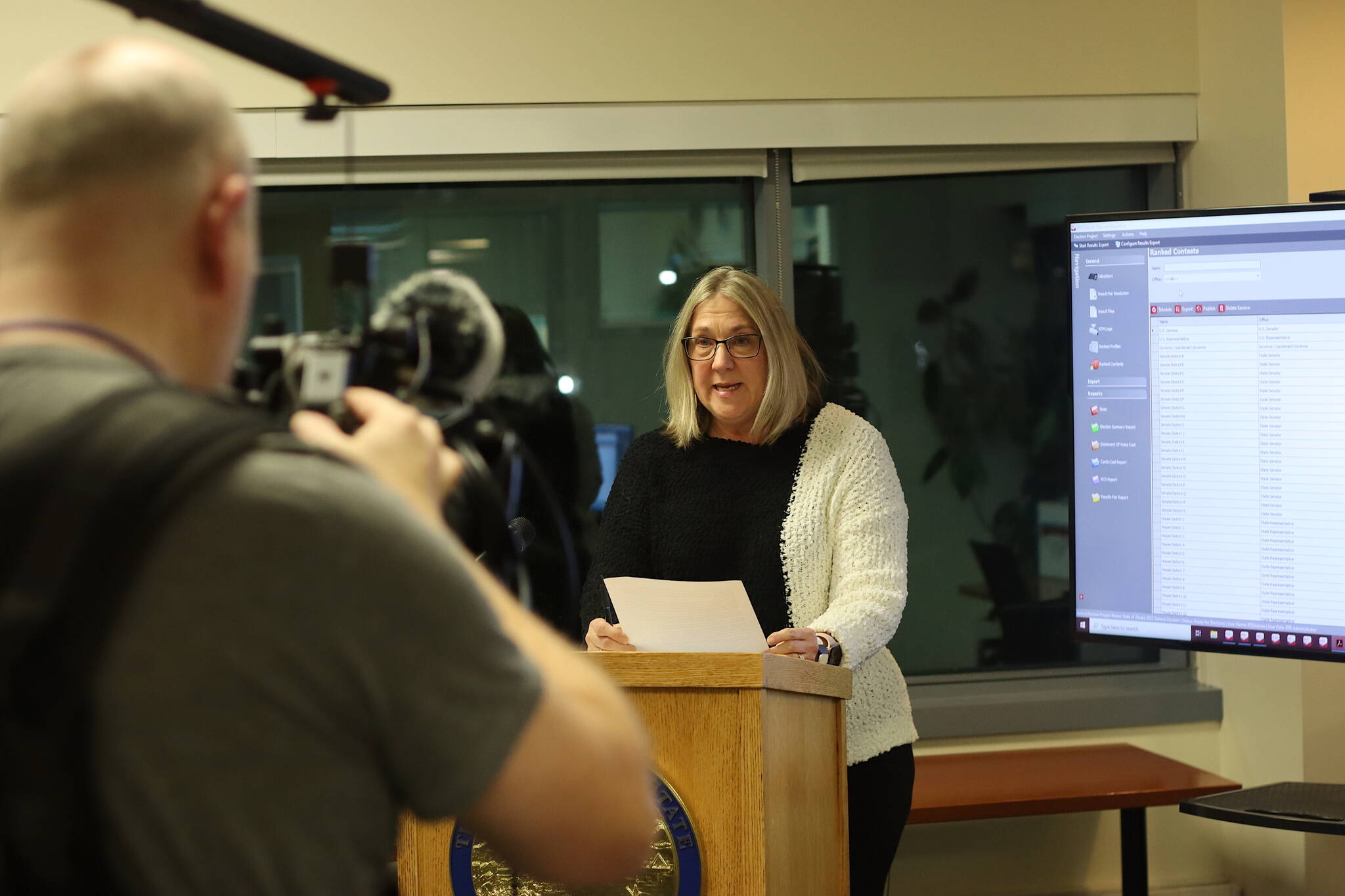 Alaska Division of Elections Director Gail Fenumiai explains the ranked choice voting process as the results are tallied during an Alaska Public Media broadcast, Nov. 23, 2022, at her office in Juneau. (Mark Sabbatini / Juneau Empire)