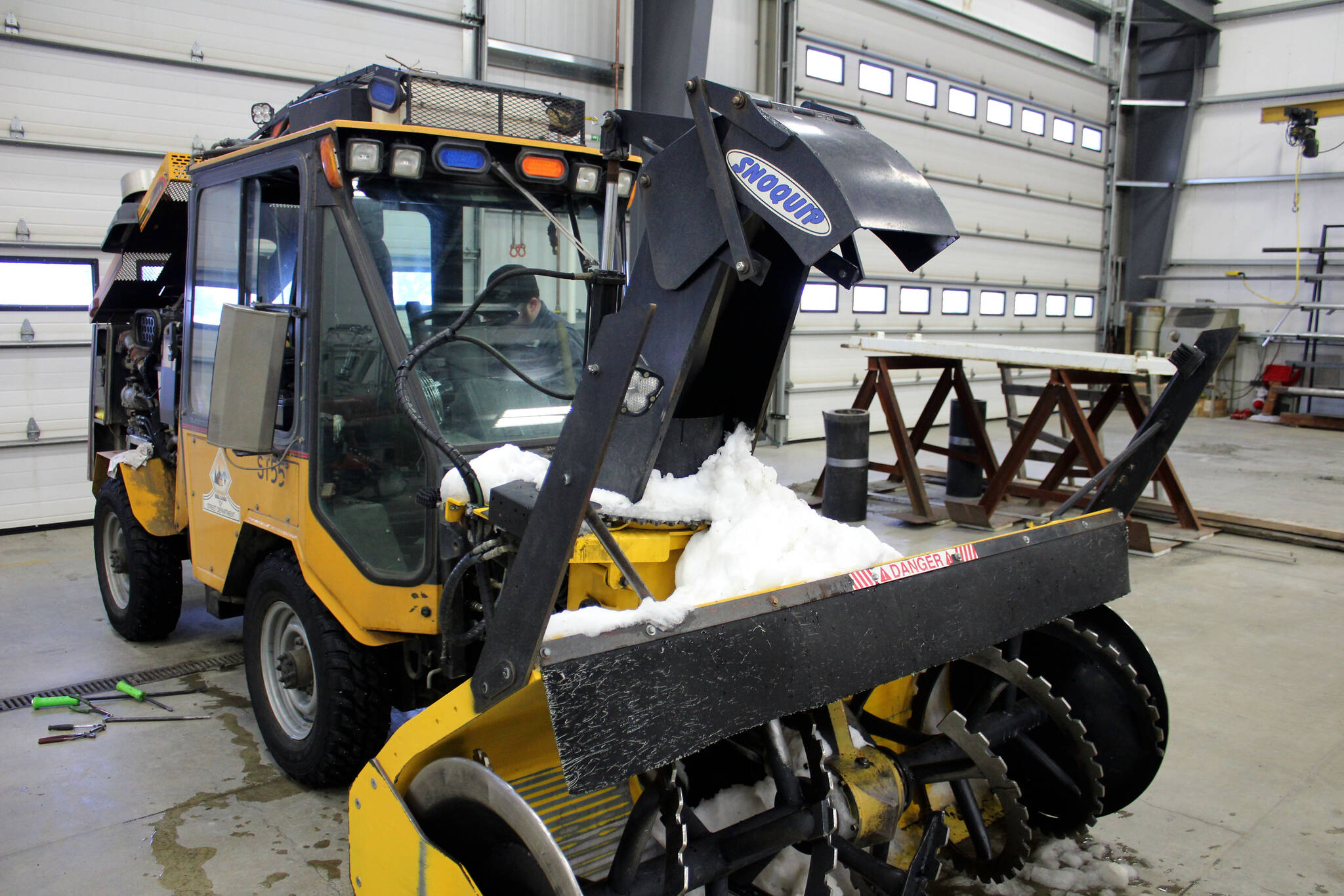A city snowblower receives maintenance at the City of Kenai’s shop on Wednesday, Dec. 7, 2022, in Kenai, Alaska. (Ashlyn O’Hara/Peninsula Clarion)