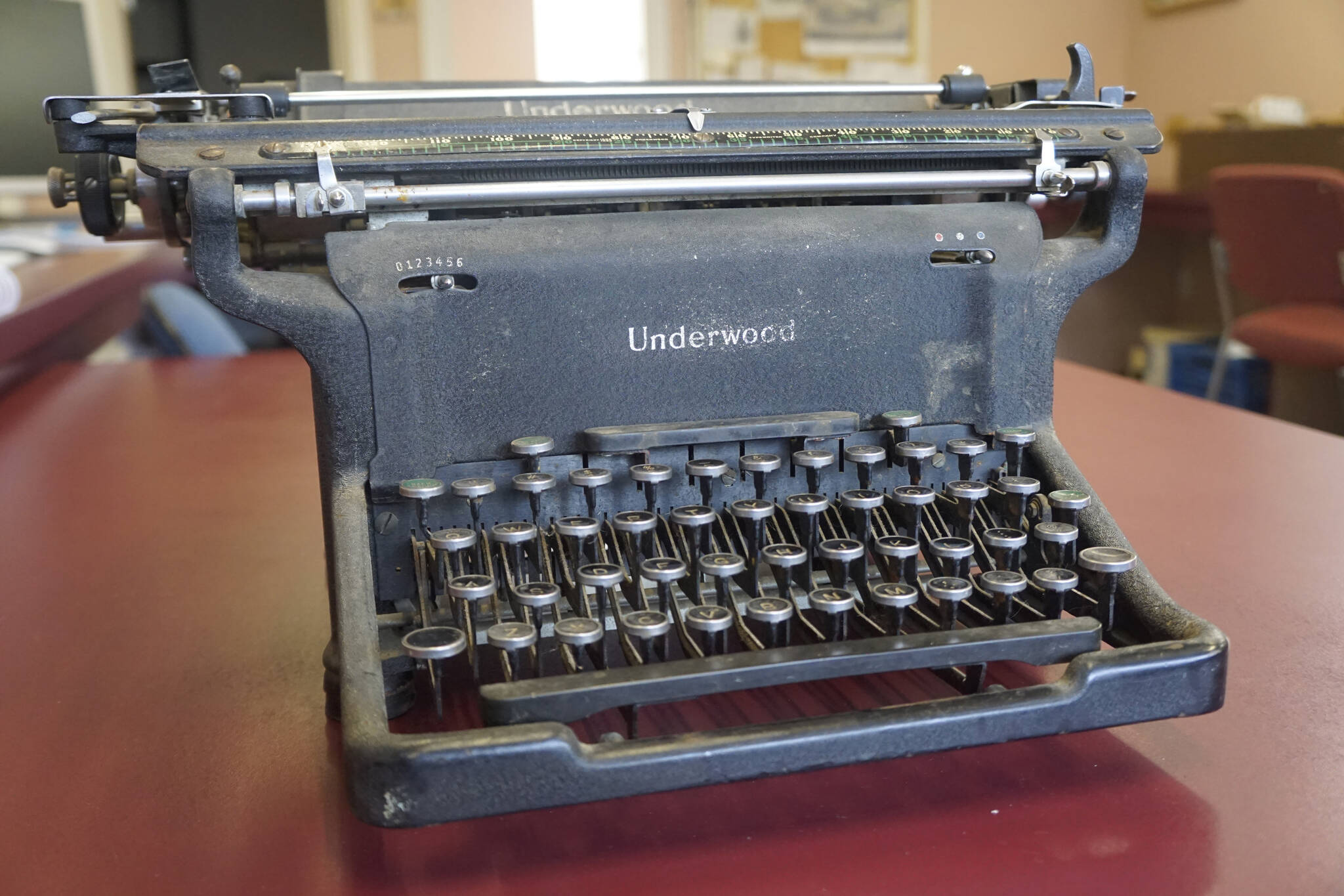 A vintage Underwood typewriter sits on a table on Tuesday, Feb. 22, 2022, at the Homer News in Homer, Alaska. (Photo by Michael Armstrong/Homer News)