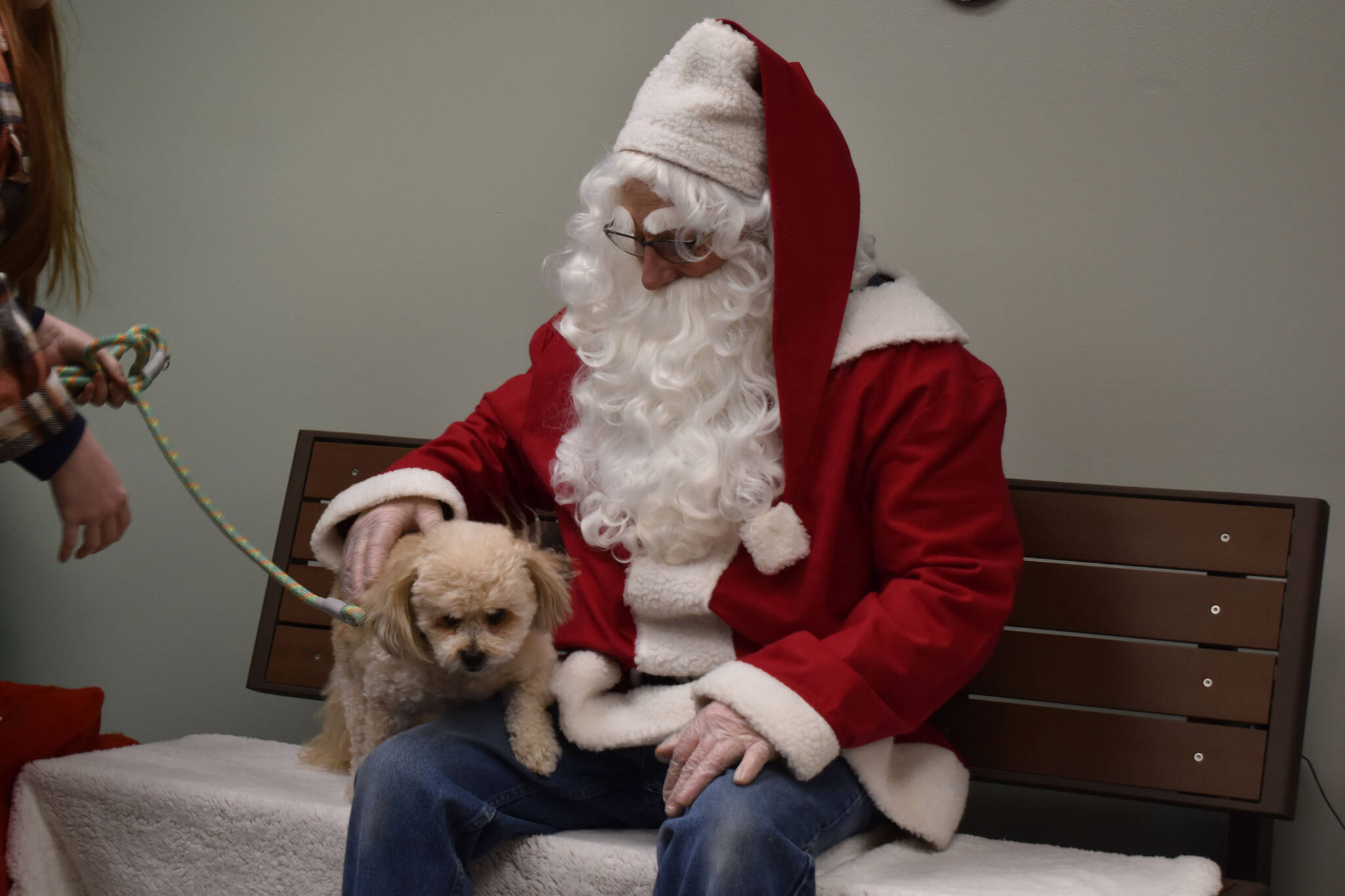 Buddy prepares to leap from Santa Claus’ lap during Bark, Block and Bowl on Saturday, Dec. 10, 2022, at the Kenai Peninsula Food Bank in Soldotna, Alaska. (Jake Dye/Peninsula Clarion)