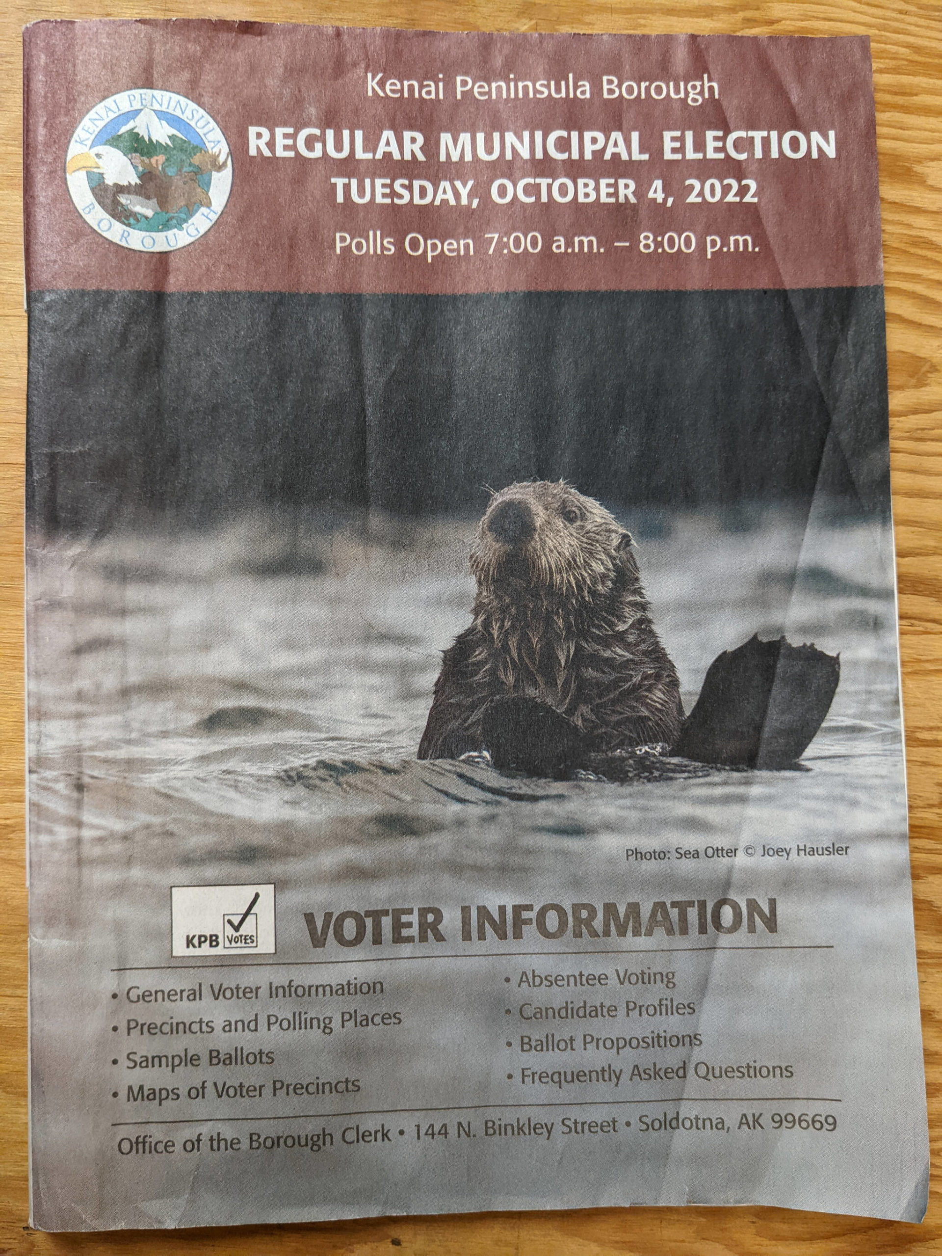 The Kenai Peninsula Borough Regular Municipal Election informational pamphlet for the Oct. 4, 2022, election is pictured. The Kenai Peninsula Borough Assembly is considering an ordinance that would end distribution of hard copies of the pamphlet to borough box holders. (Peninsula Clarion file)