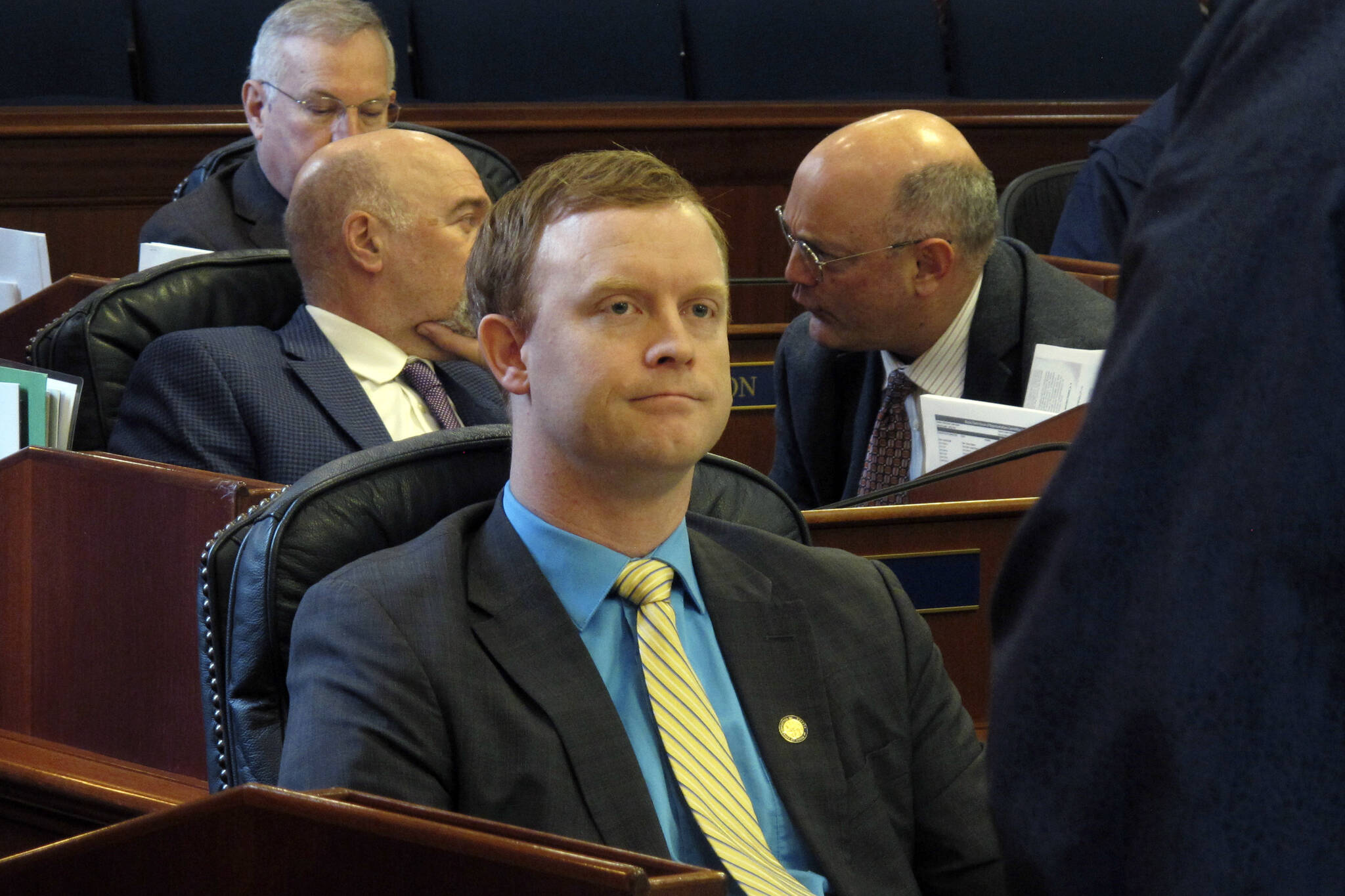 Alaska state Rep. David Eastman, R-Wasilla, sits in the House on April 29, 2022, in Juneau, Alaska. Eastman, accused of violating the state constitution’s disloyalty clause over his lifetime membership in Oath Keepers, has not condemned the organization in the wake of the Jan. 6, 2021, insurrection at the U.S Capitol. “No, I generally don’t condemn groups,” Eastman, a Wasilla Republican, said during his bench hearing on Thursday, Dec. 15, 2022, his second day on the witness stand. (AP Photo/Becky Bohrer, File)