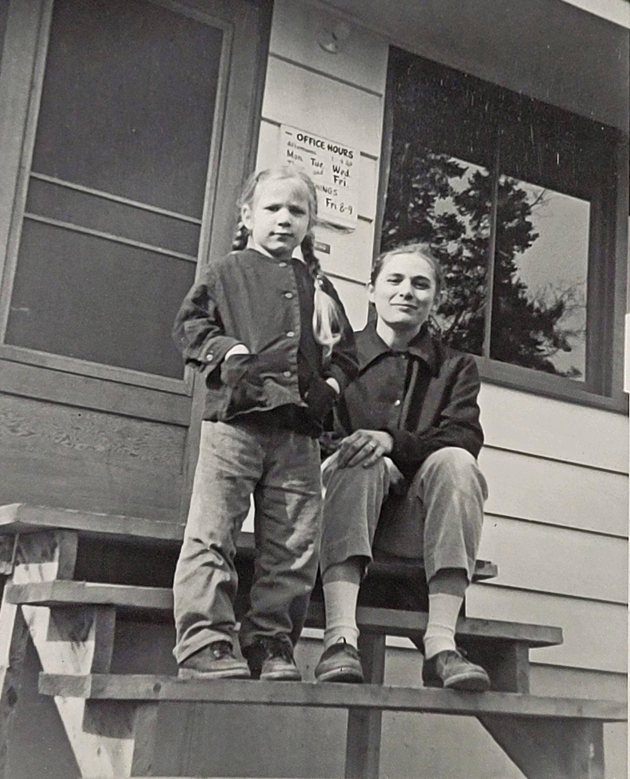 Marian and Grace Goble on the steps of Marian’s medical clinic on what is now McCollum Drive in Kenai, circa 1959-60. (Photo courtesy of Ben and Marian Goble)