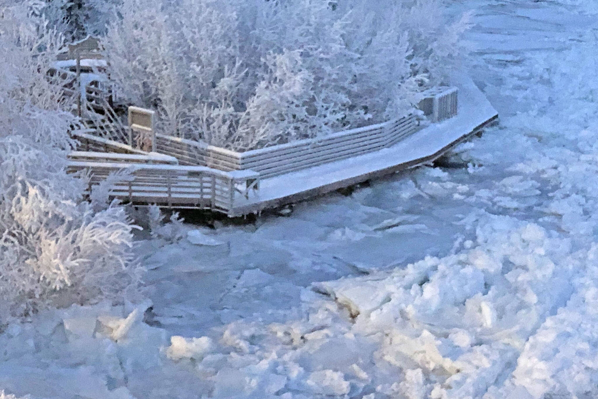 An ice jam in the Kenai River can be seen here from the Soldotna Bridge in this January 2020 photo. (Courtesy Dan Nelson/Kenai Peninsula Borough Office of Emergency Management)