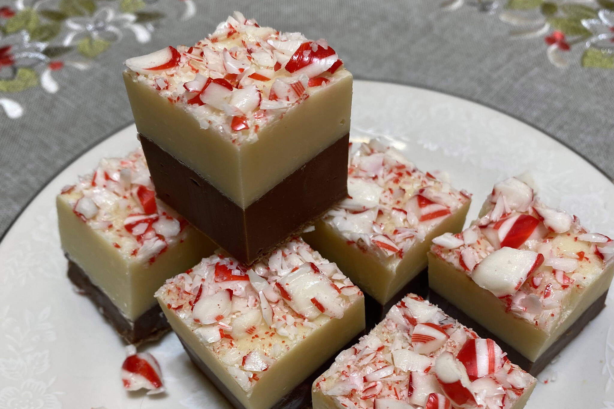 This Double Chocolate Peppermint Fudge combines chocolate chips, sweetened condensed milk and a few mix-ins for a simple, quick holiday treat. (Photo by Tressa Dale/Peninsula Clarion)