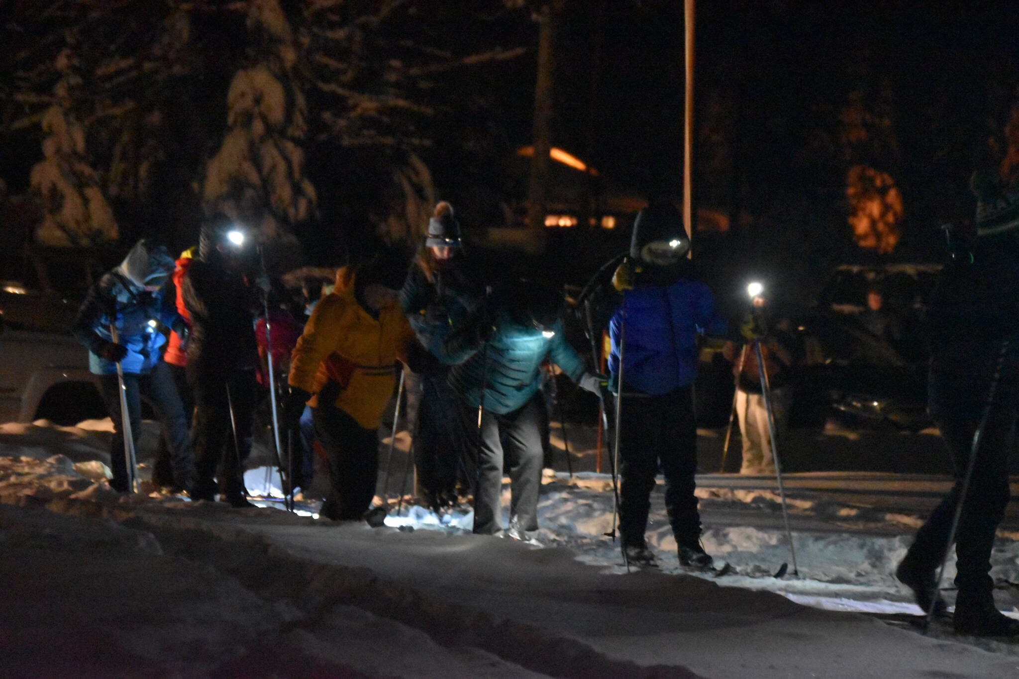 Skiiers ready for the start during StarLight StarBright: A Winter Solstice Ski Event on Wednesday, Dec. 21, 2022 at the Kenai Golf Course in Kenai, Alaska.