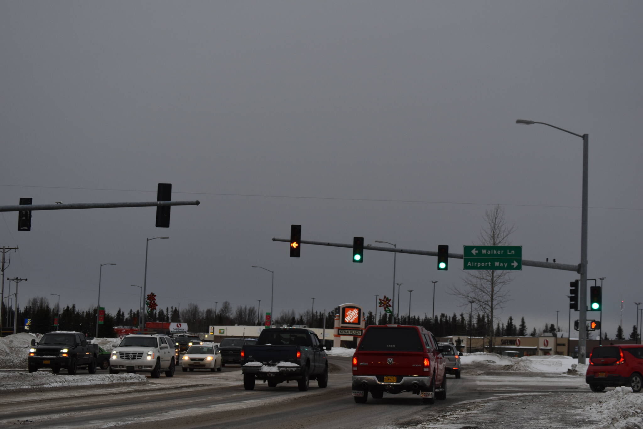 Dark clouds hang over Kenai, Alaska, on Monday, Dec. 26, 2022, seen from the parking lot of the Quality Inn in Kenai, Alaska. (Jake Dye/Peninsula Clarion)