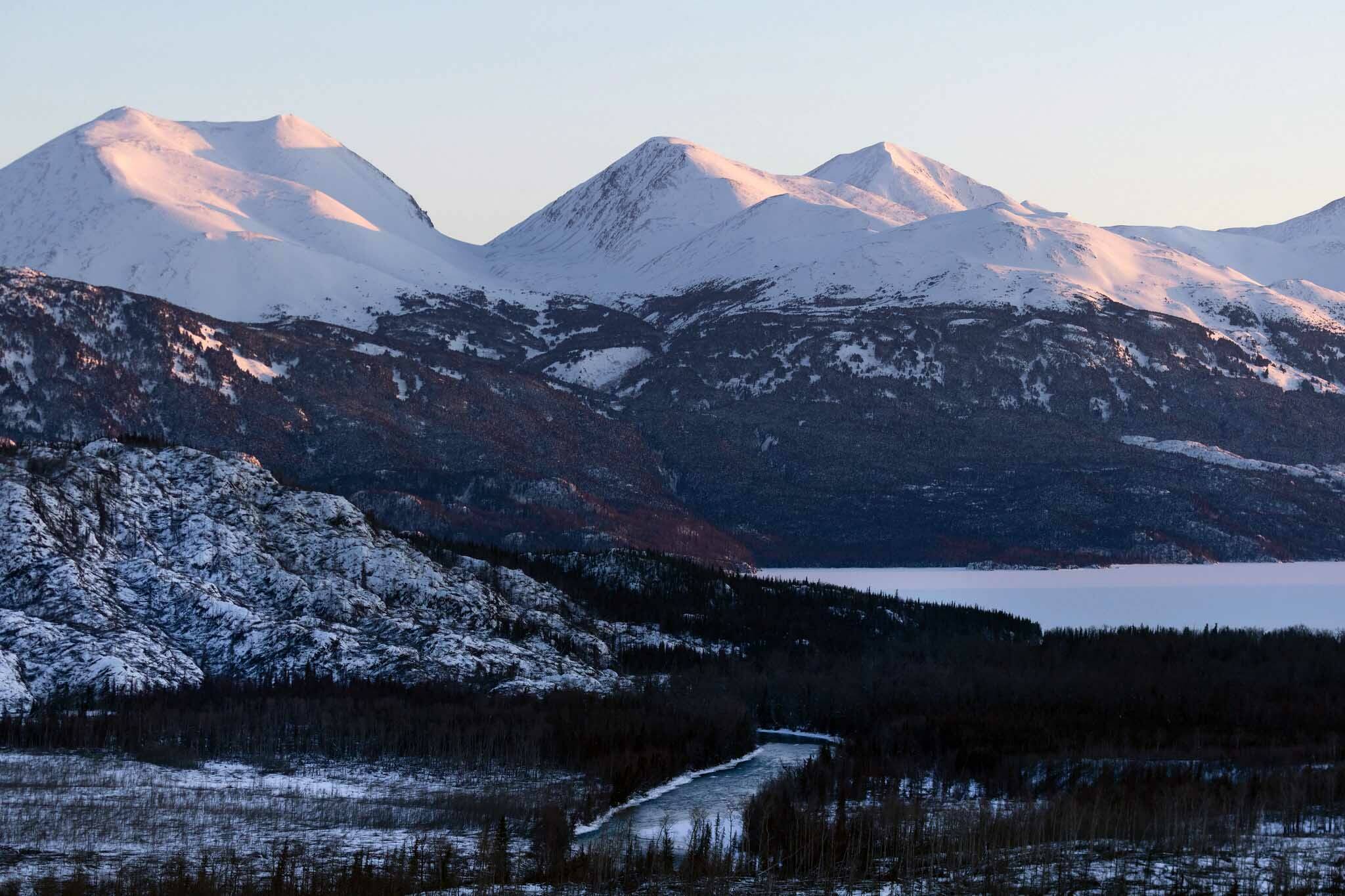 Sunset views of snow-covered Kenai Mountains and the far eastern section of Skilak Lake. (Photo by Lisa Hupp/USFWS)