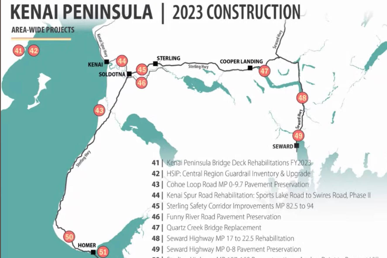 A map of 2023 construction projects on the Kenai Peninsula shared during the Kenai Peninsula Economic Development District’s Industry Outlook Forum on Thursday, Jan. 5, 2023, at the Christian Community Church in Homer, Alaska. (Screenshot)