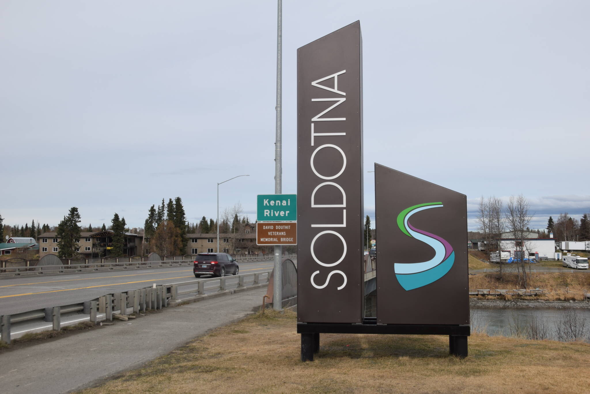 A new sign welcomes people to the City of Soldotna stands near the intersection of the Sterling Highway and Kenai River on May 1, 2019, in Soldotna, Alaska. (Photo by Brian Mazurek/Peninsula Clarion)