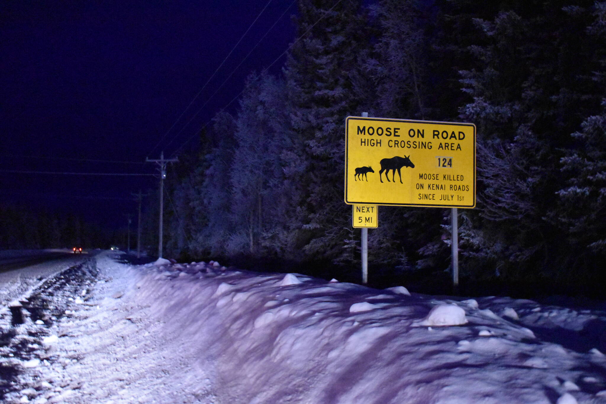 A sign warning of crossing moose is seen on Kalifornsky Beach Road in Kenai, Alaska, on Monday, Jan. 9, 2023. (Jake Dye/Peninsula Clarion)