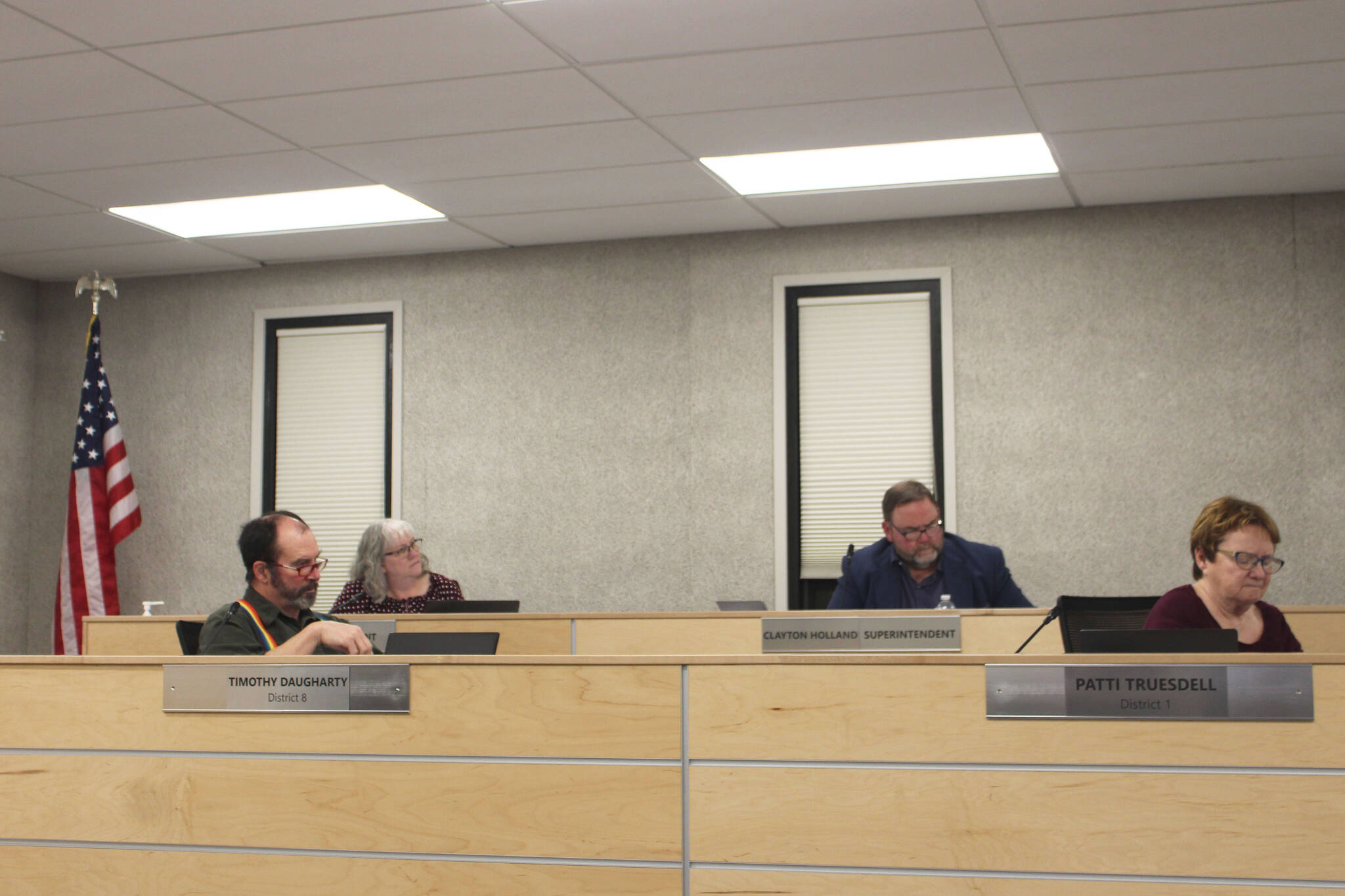 The Kenai Peninsula Borough School District Board of Education convenes on Monday, Jan. 9, 2023, in Soldotna, Alaska. (Ashlyn O’Hara/Peninsula Clarion)