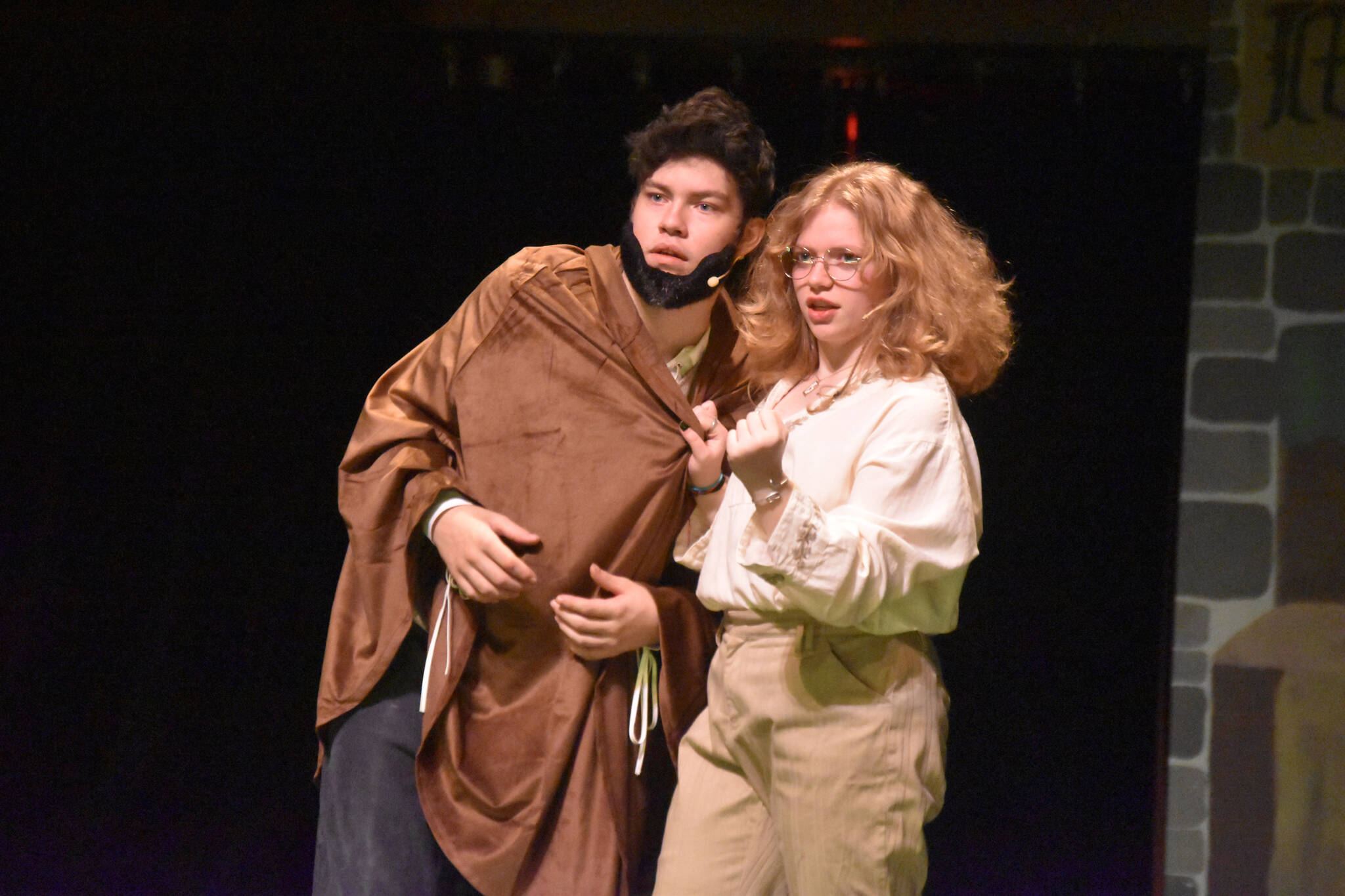 Josiah Burton and Jaylee Webster rehearse "Something Rotten" on Wednesday, Nov. 9, 2022, at Soldotna High School in Soldotna, Alaska. (Jake Dye/Peninsula Clarion)