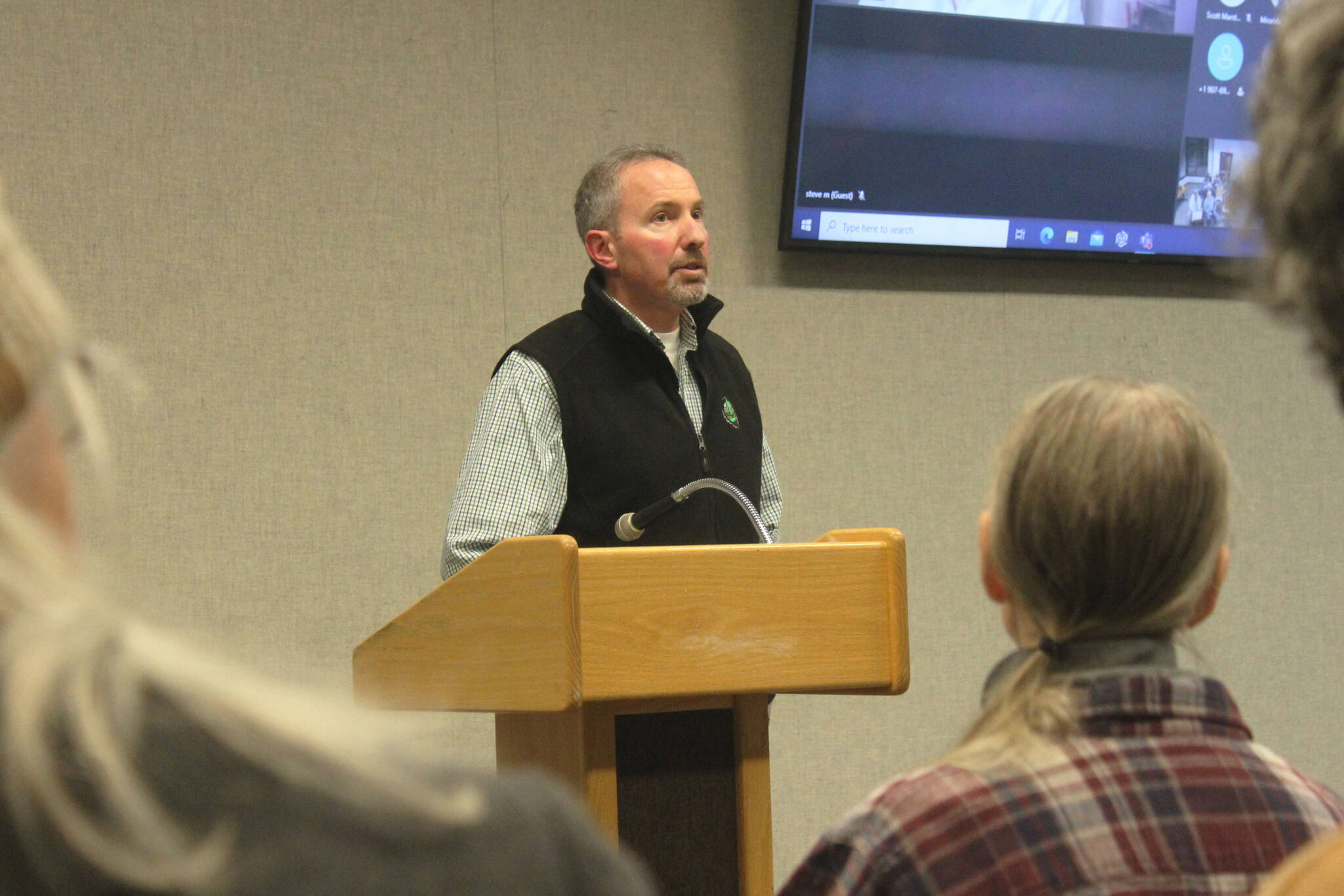 Alaska Division of Parks and Outdoor Recreation Kenai/Prince William Sound Superintendent Jack Blackwell fields questions about the Kasilof River Drift Boat Retrieval project at the Gilman River Center on Tuesday, Jan. 10, 2023 near Soldotna, Alaska. (Ashlyn O’Hara/Peninsula Clarion)